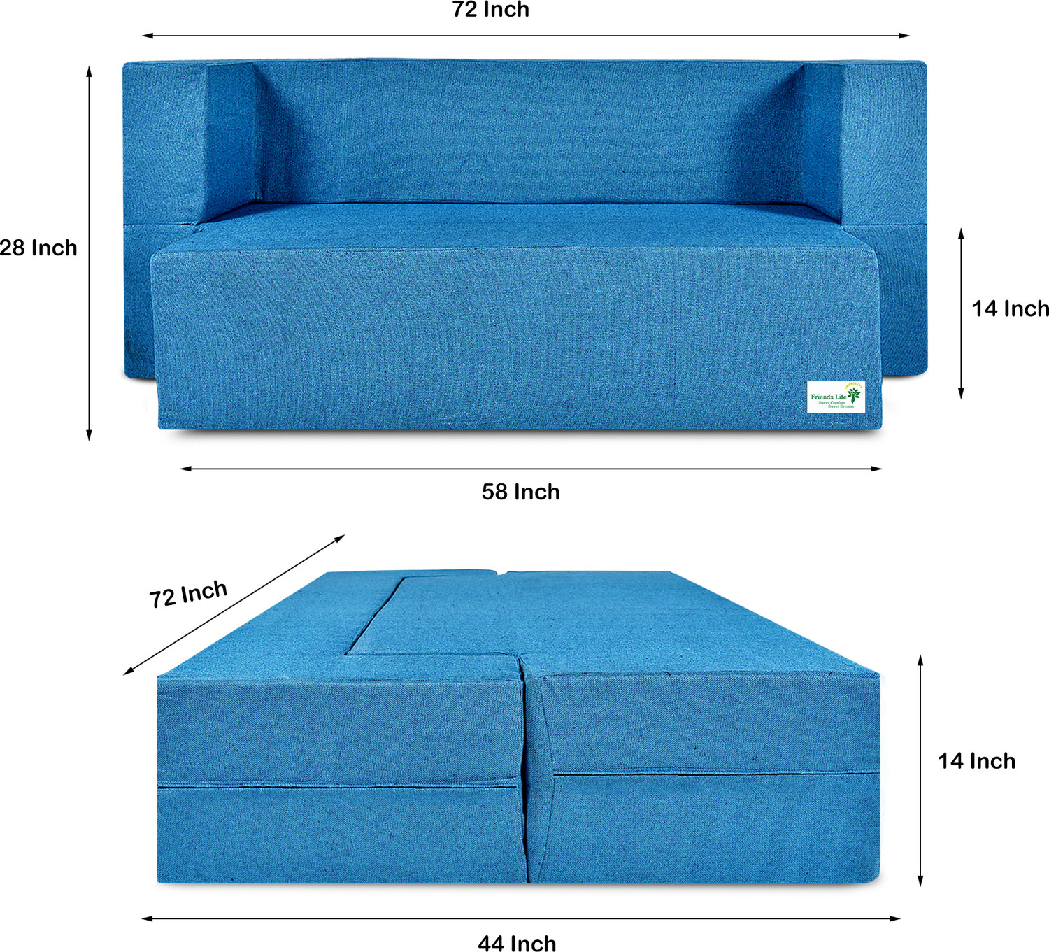 Image of Friends Fit Life Fashion Life 44 X 72X 14 Sofa Cum Bed Comfort for All with 4 Cushions 3 Seater Double Foam Fold Out Sofa Cum Bed