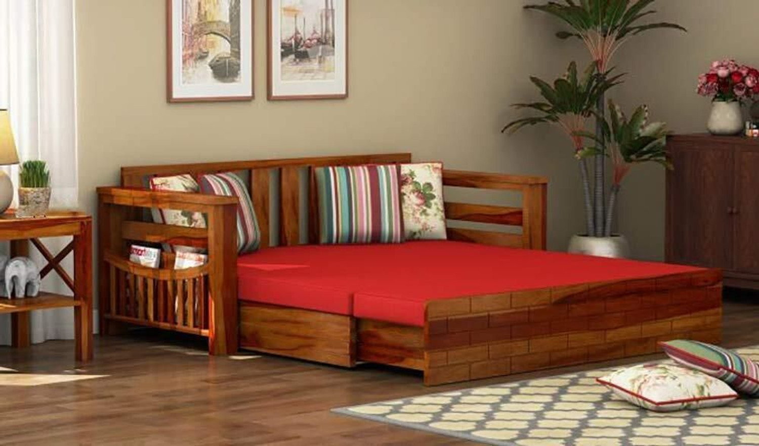 Image of WOODTREND Solid Wood Sofa Cum Bed with Storage | 3 Seater Double Pull-Out Sofa Bed 3 Seater Double Solid Wood Pull Out Sofa Cum Bed