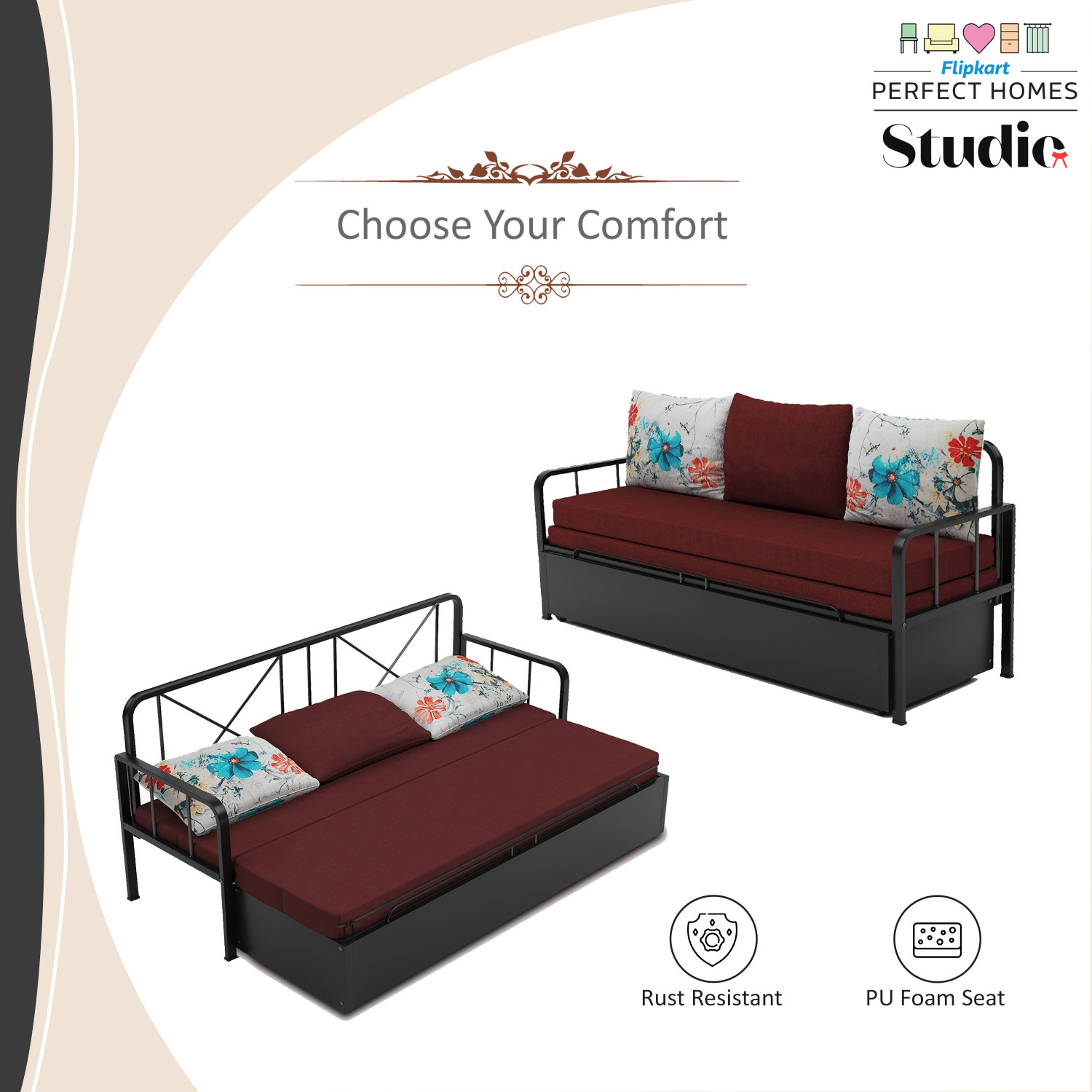 Image of Flipkart Perfect Homes Studio With Storage 3 Seater Double Metal Pull Out Sofa Cum Bed