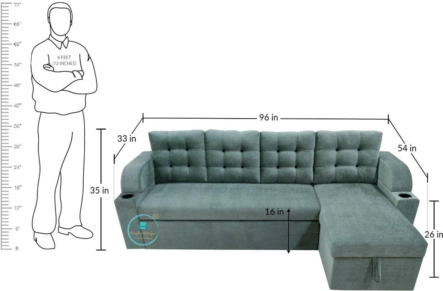 Image of CASPIAN L Shape Sofa Cum Double Bed (Left lounger) with Storage for Home & Living Room 5 Seater Double Solid Wood Pull Out Sofa Cum Bed
