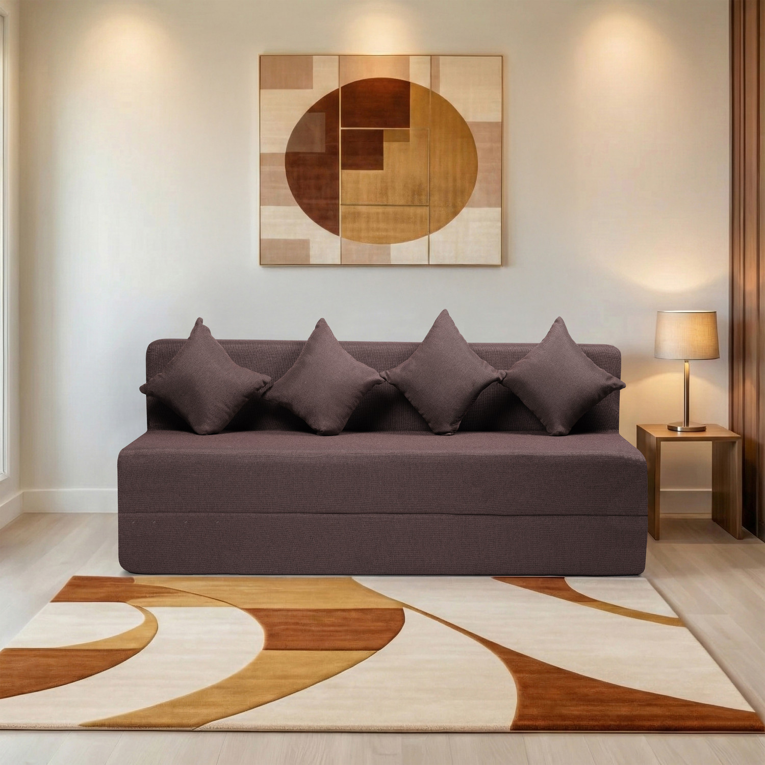 Image of Comfort Mantra 4 Seater 6*6 Jute Fabric Washable Cover Sofa cum Bed with 4 Cushions 4 Seater Double Foam Fold Out Sofa Cum Bed