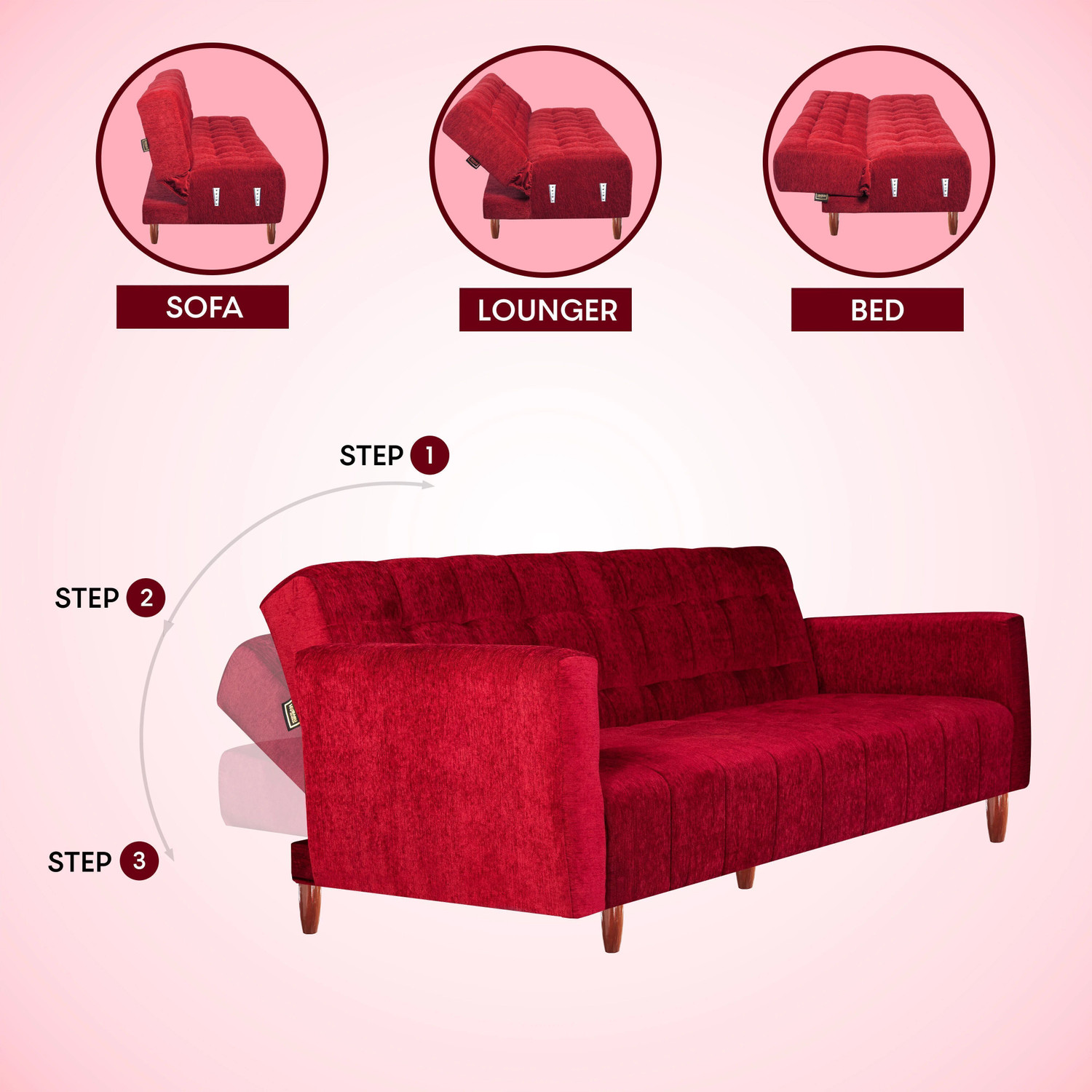 Image of Seventh Heaven Lisbon 4 Seater Wooden Sofa cum Bed, Chenille Molfino Fabric 78x44x16 4 Seater Single Solid Wood Pull Out Sofa Cum Bed