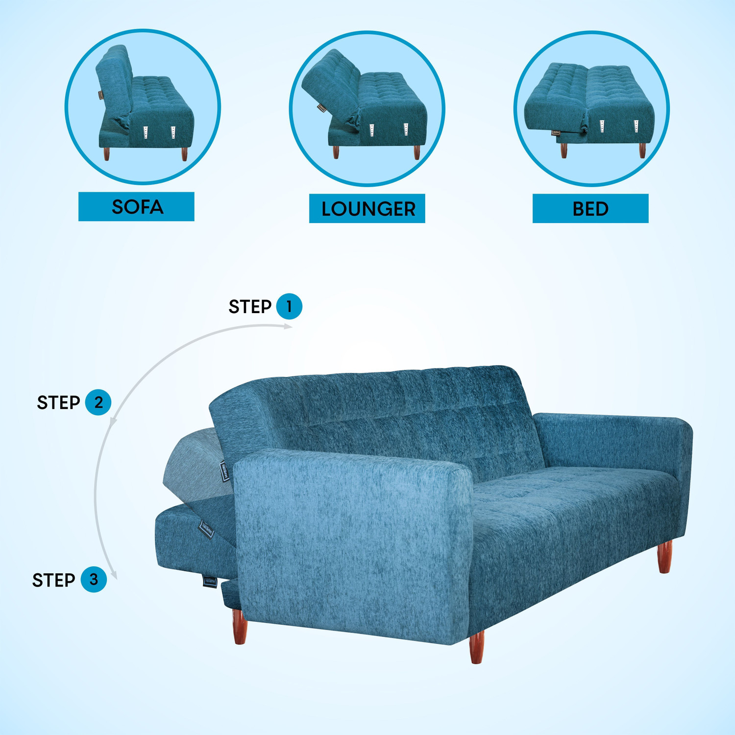 Image of Seventh Heaven Lisbon 3 Seater Wooden Sofa cum Bed, Chenille Molfino Fabric 72x44x16 3 Seater Double Solid Wood Pull Out Sofa Cum Bed
