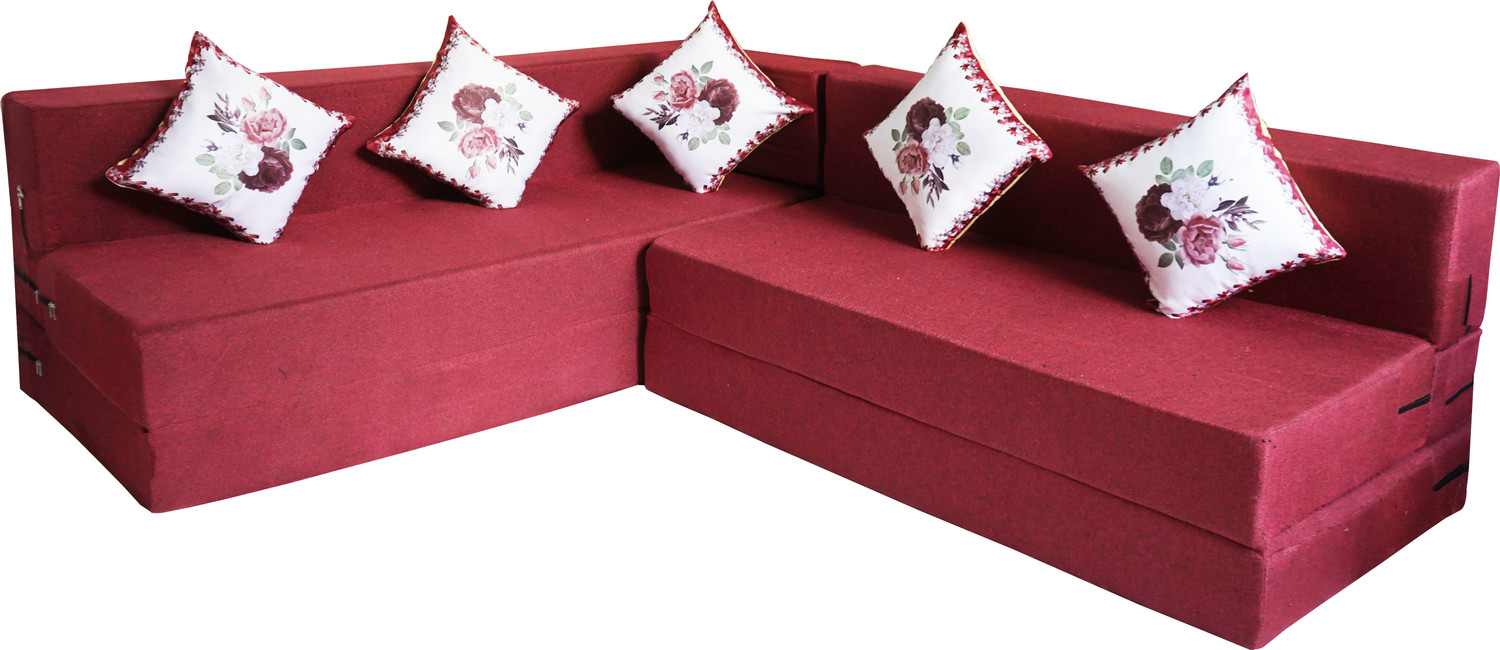 Image of Little Smile L-Shaped 78x60x16 inch- Jute Fabric 4 4 Seater Double Foam Fold Out Sofa Cum Bed
