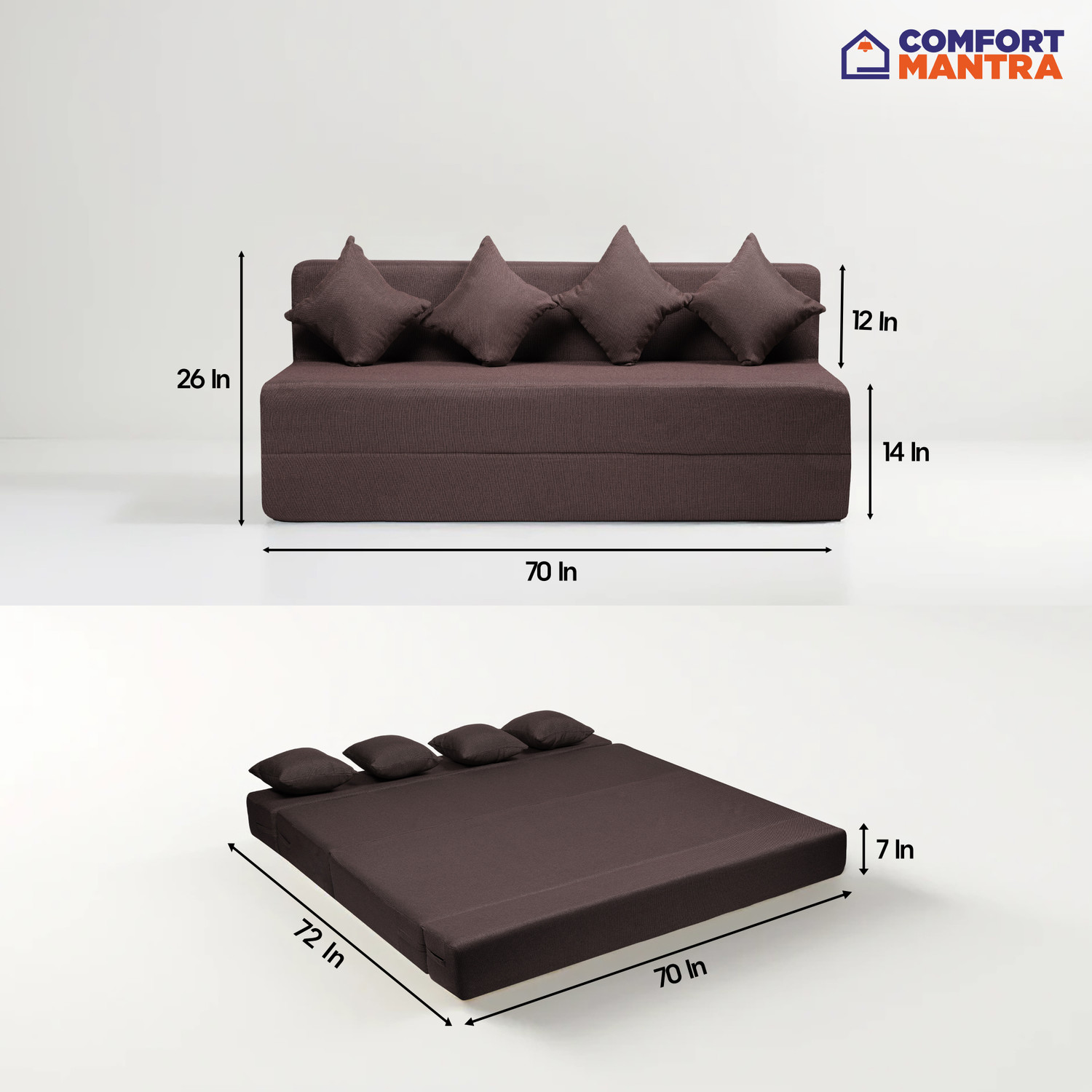 Image of Comfort Mantra 4 Seater 6*6 Jute Fabric Washable Cover Sofa cum Bed with 4 Cushions 4 Seater Double Foam Fold Out Sofa Cum Bed