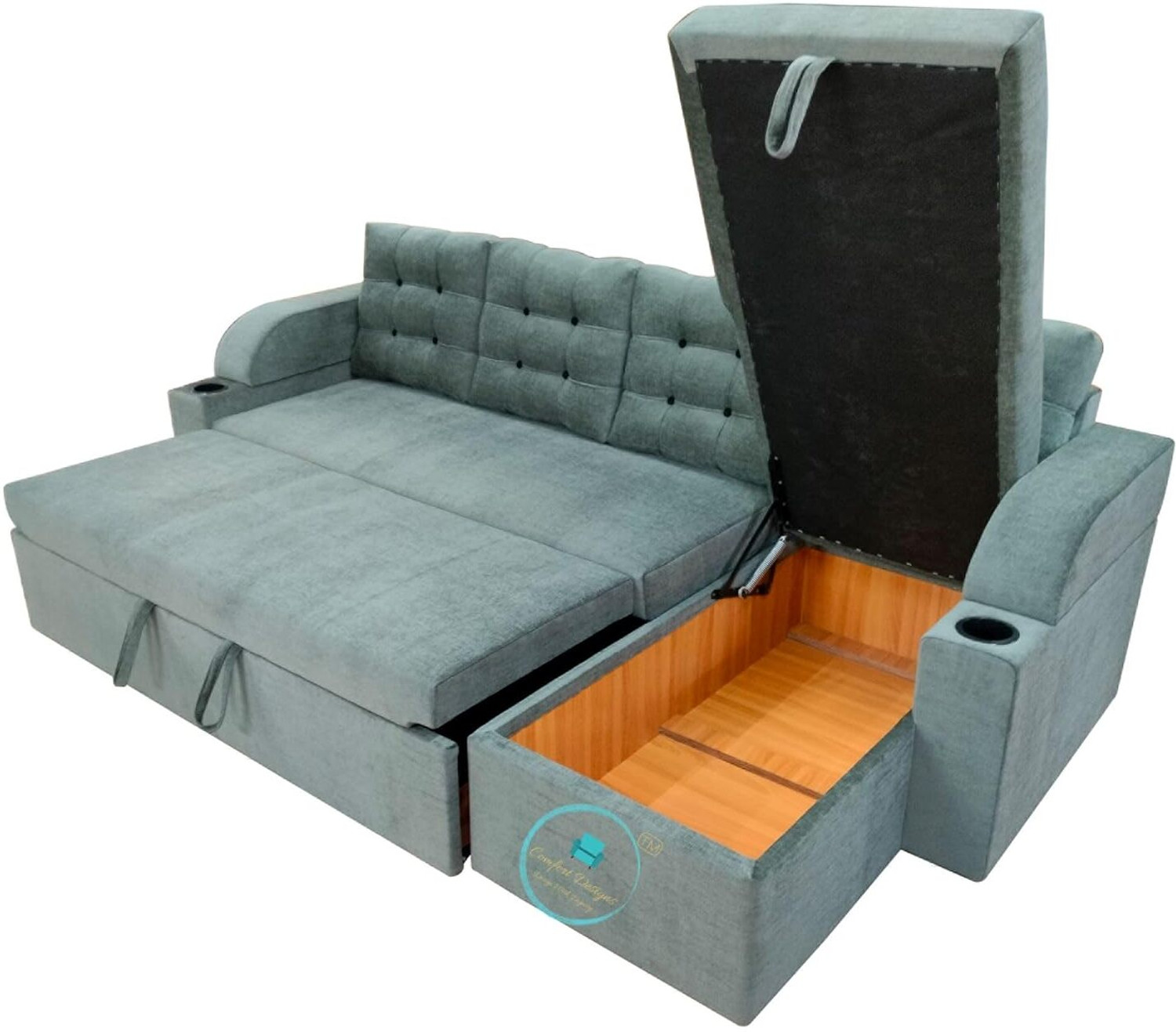 Image of CASPIAN L Shape Sofa Cum Double Bed (Left lounger) with Storage for Home & Living Room 5 Seater Double Solid Wood Pull Out Sofa Cum Bed