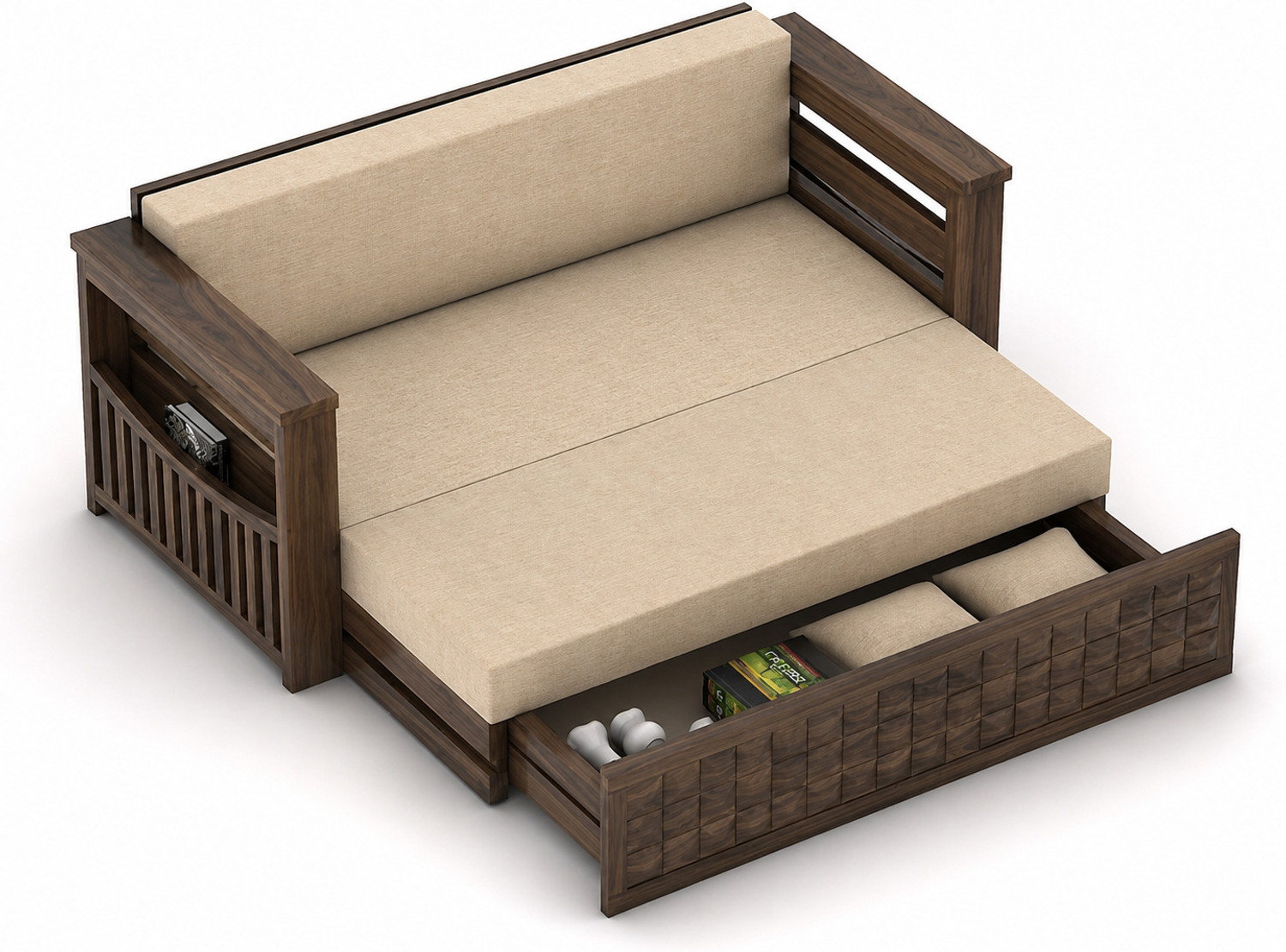 Image of Devsignature Sheesham Wood 3 Seater Sofa Cum Bed with Headboard /wooden Mini Storage Sofa Bed 3 Seater Double Solid Wood Pull Out Sofa Cum Bed