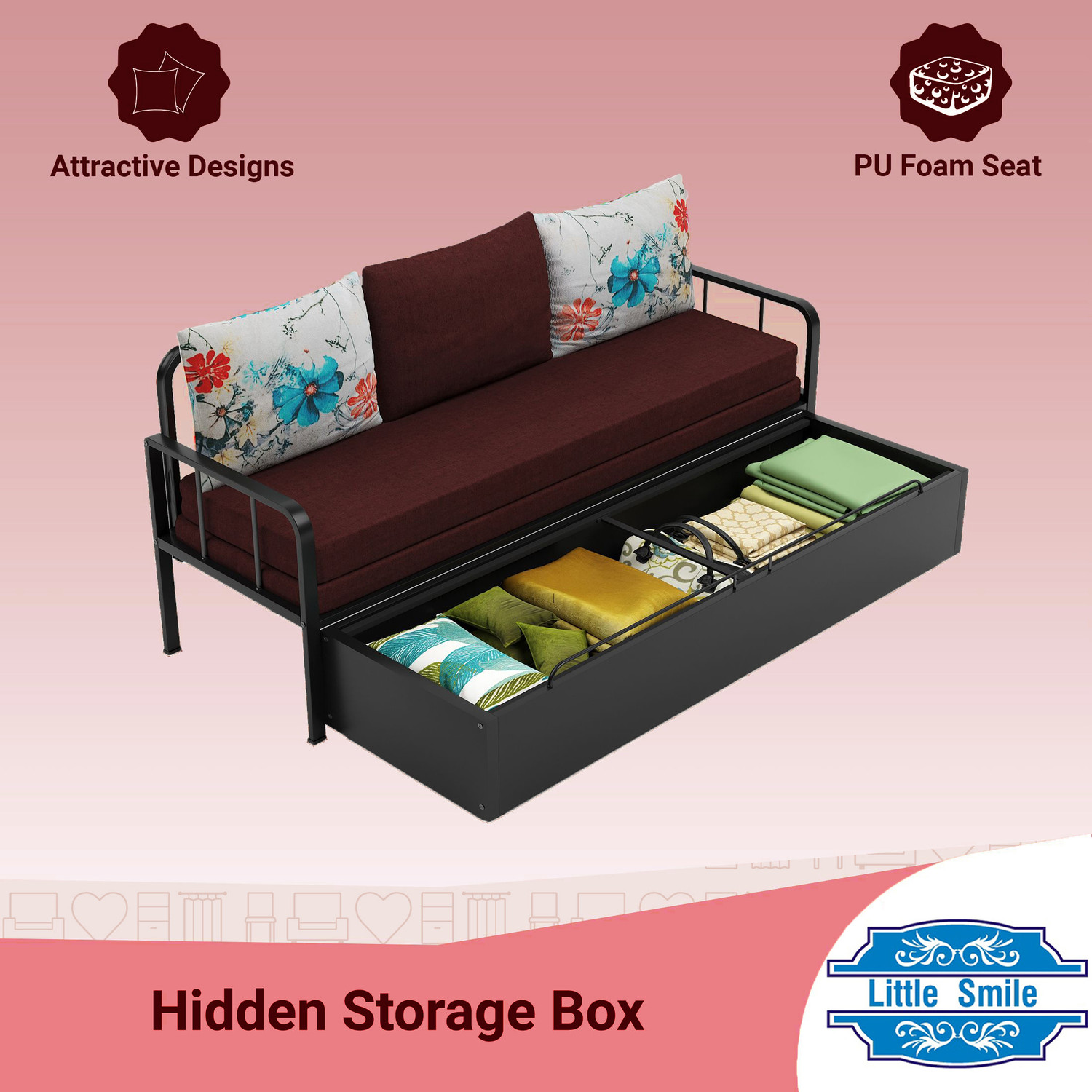 Image of Little Smile With Storage 3 Seater Double Metal Pull Out Sofa Cum Bed