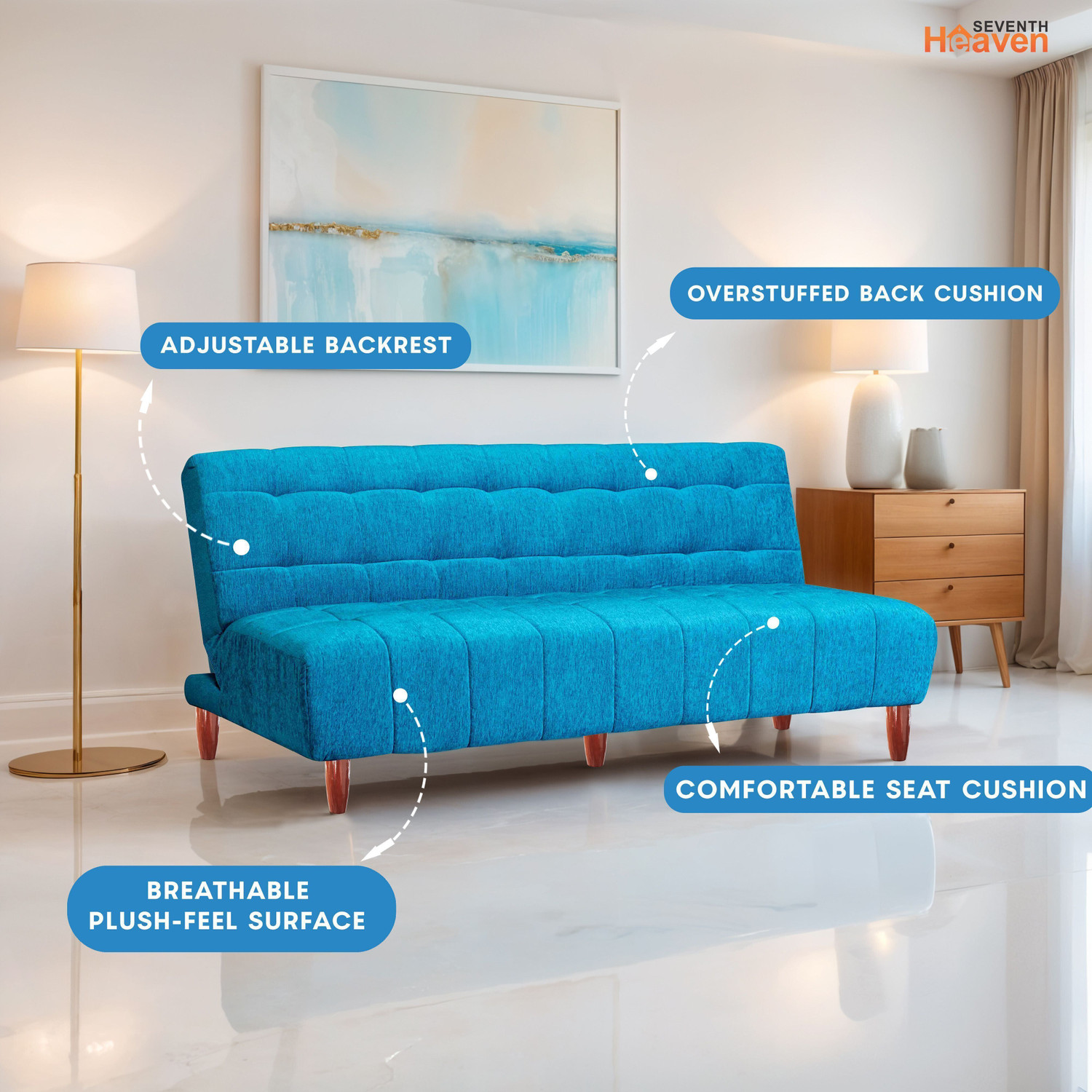 Image of Seventh Heaven Florida 4 Seater Wooden Sofa cum Bed, Chenille Molfino Fabric 78x44x16 4 Seater Single Solid Wood Pull Out Sofa Cum Bed