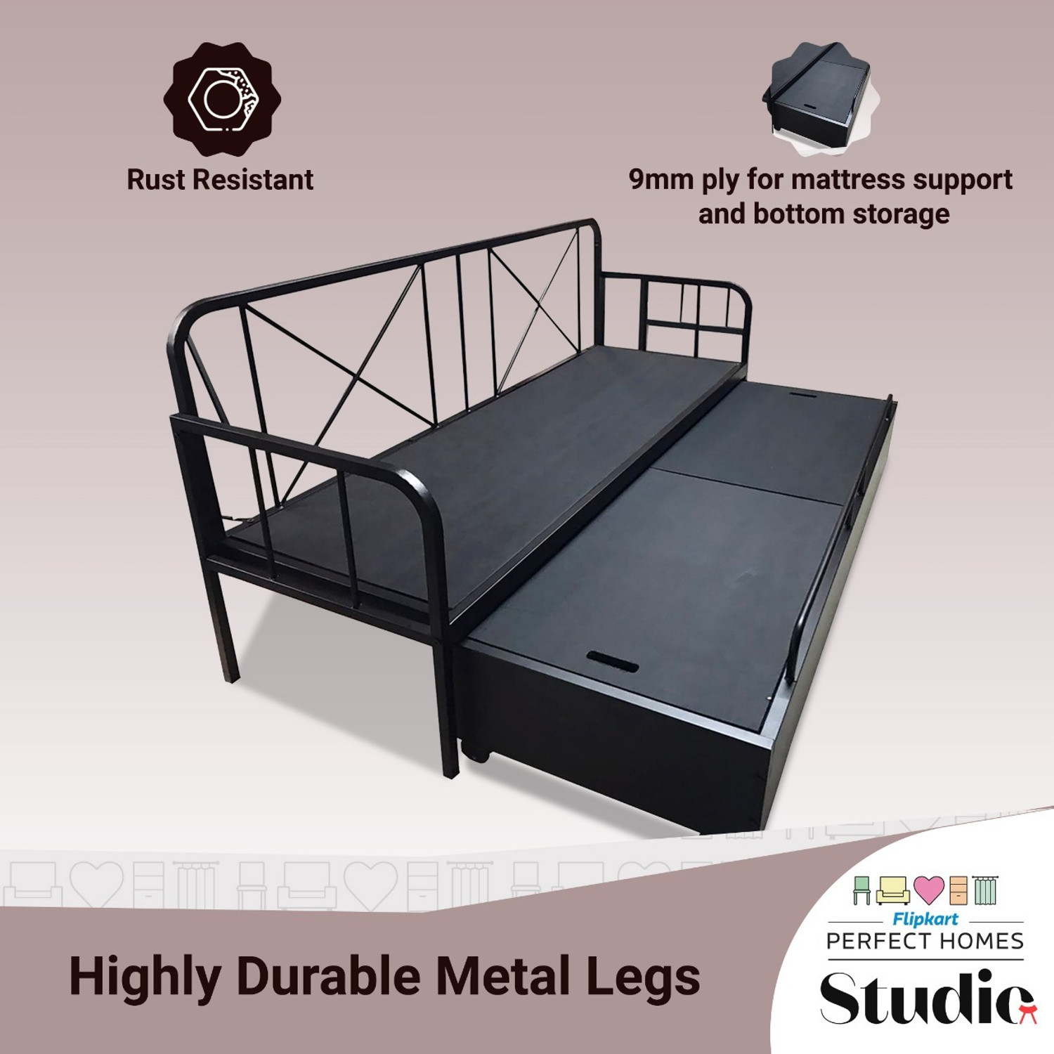 Image of Flipkart Perfect Homes Studio With Storage 3 Seater Double Metal Pull Out Sofa Cum Bed