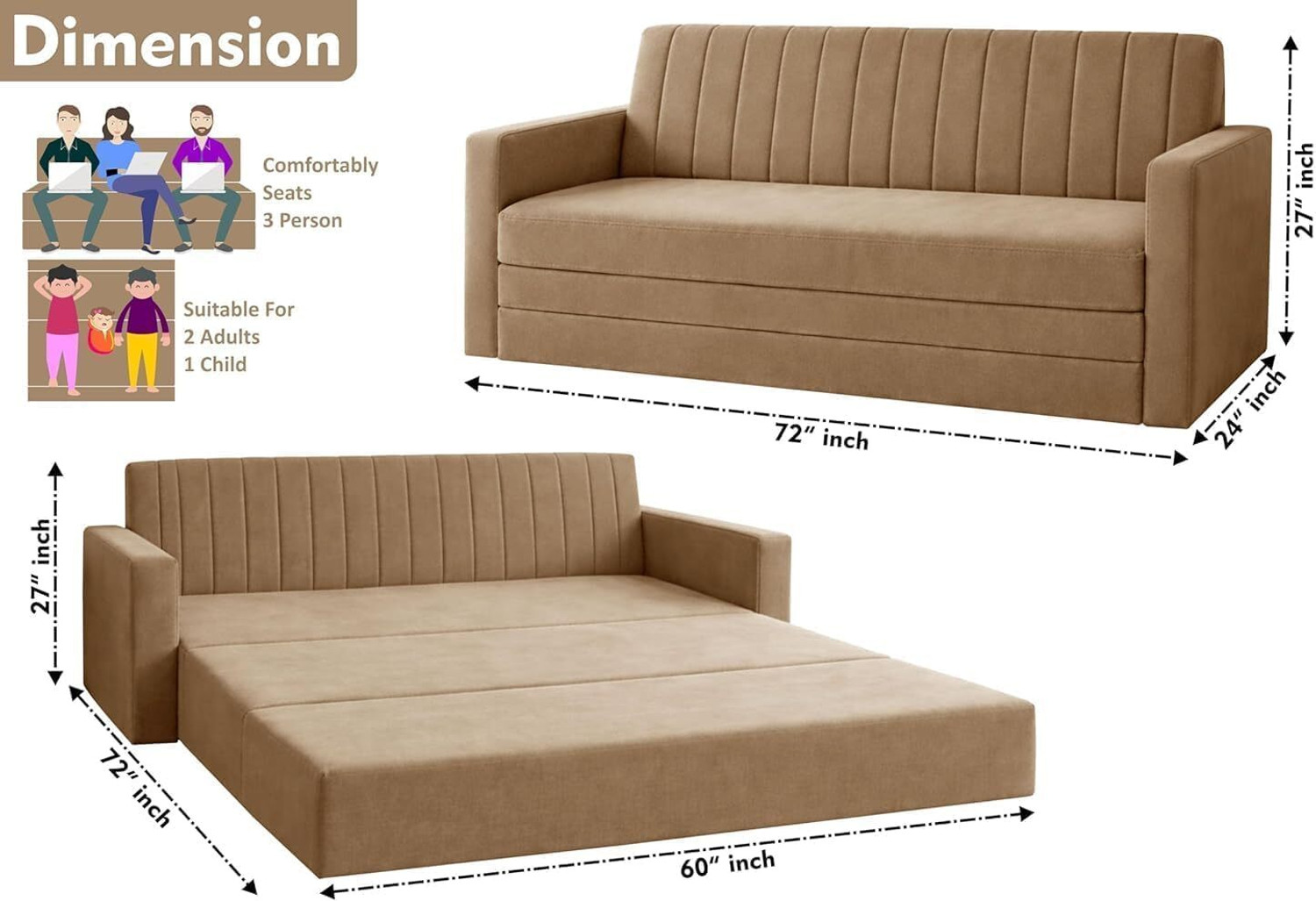 Image of Dr Smith Sofa Cum Bed with Armrest, Velvet Fabric Couch for Living Room 3 Seater Single Foam Fold Out Sofa Cum Bed