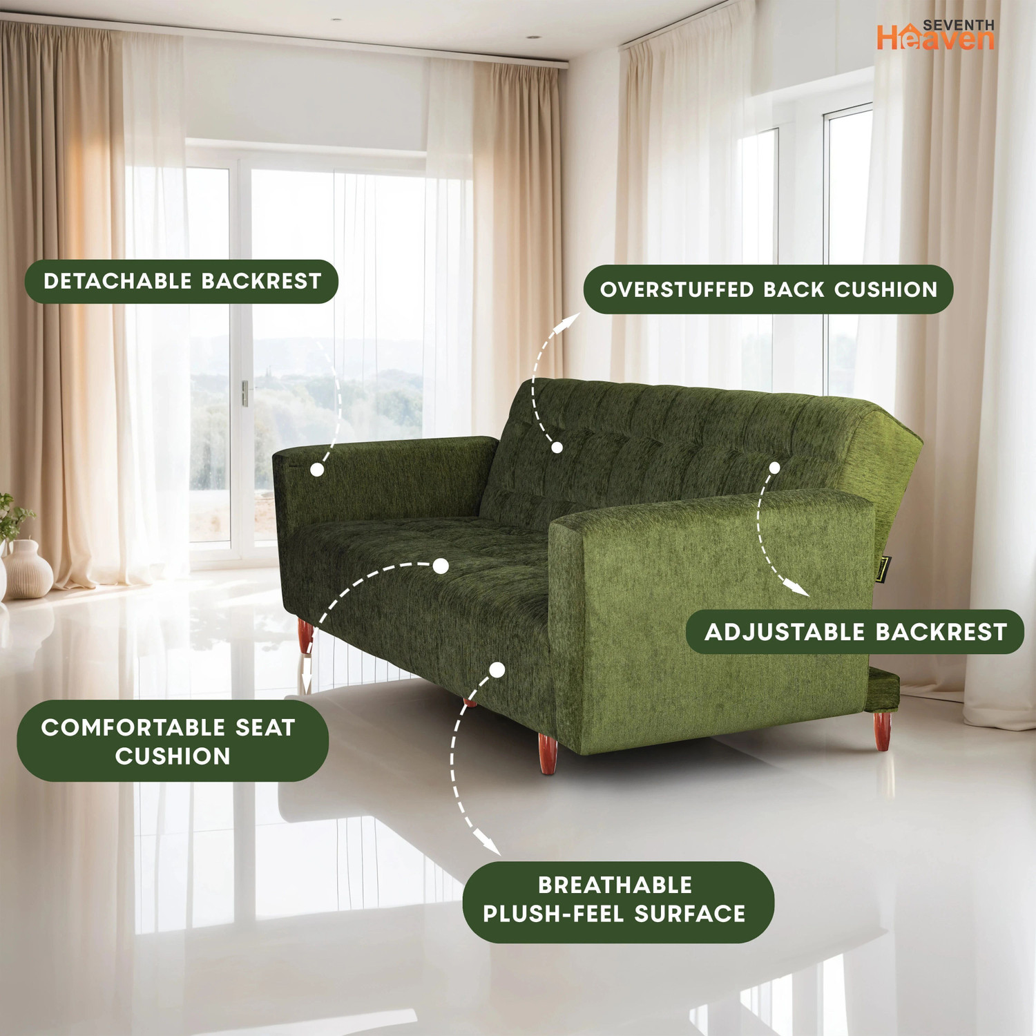 Image of Seventh Heaven Lisbon 4 Seater Wooden Sofa cum Bed, Chenille Molfino Fabric 78x44x16 4 Seater Single Solid Wood Pull Out Sofa Cum Bed