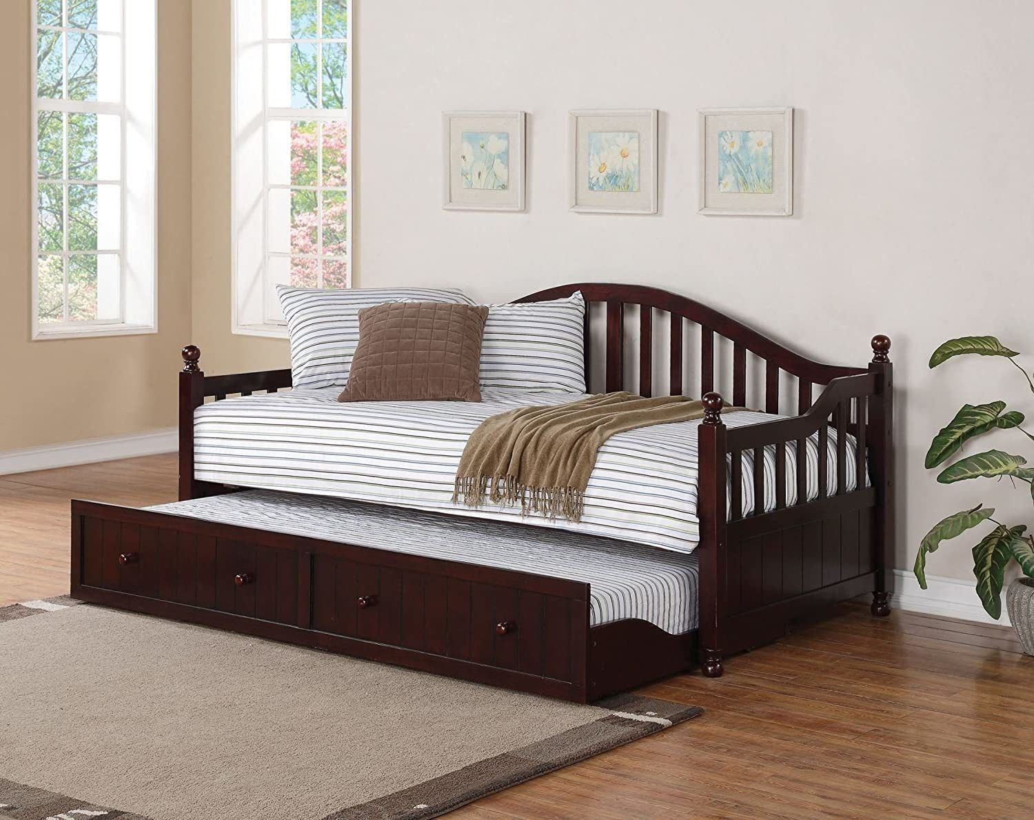 Image of APRODZ Drummo Sheesham Wood Daybed with Trundle Bed (Rosewood Mahogany) 3 Seater Single Solid Wood Pull Out Sofa Cum Bed