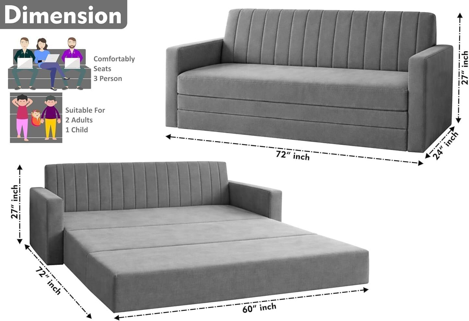Image of Dr Smith Sofa Cum Bed with Armrest, Velvet Fabric Couch for Living Room 3 Seater Single Foam Fold Out Sofa Cum Bed