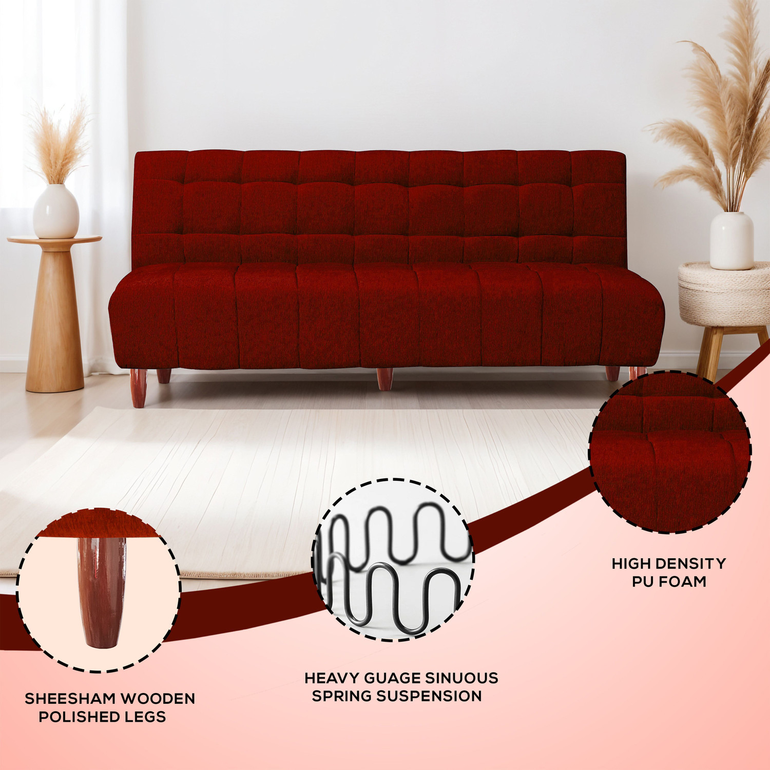 Image of Seventh Heaven Florida 3 Seater Sofa cum Bed, Chenille Molfino Fabric 72x44x16 3 Seater Double Solid Wood Pull Out Sofa Cum Bed