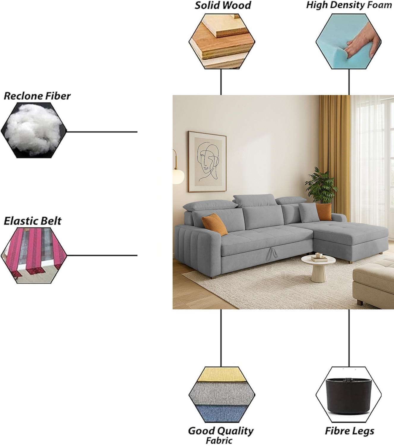 Image of Casaliving Gagnon 4 Seater Single Foam Pull Out Sofa Cum Bed