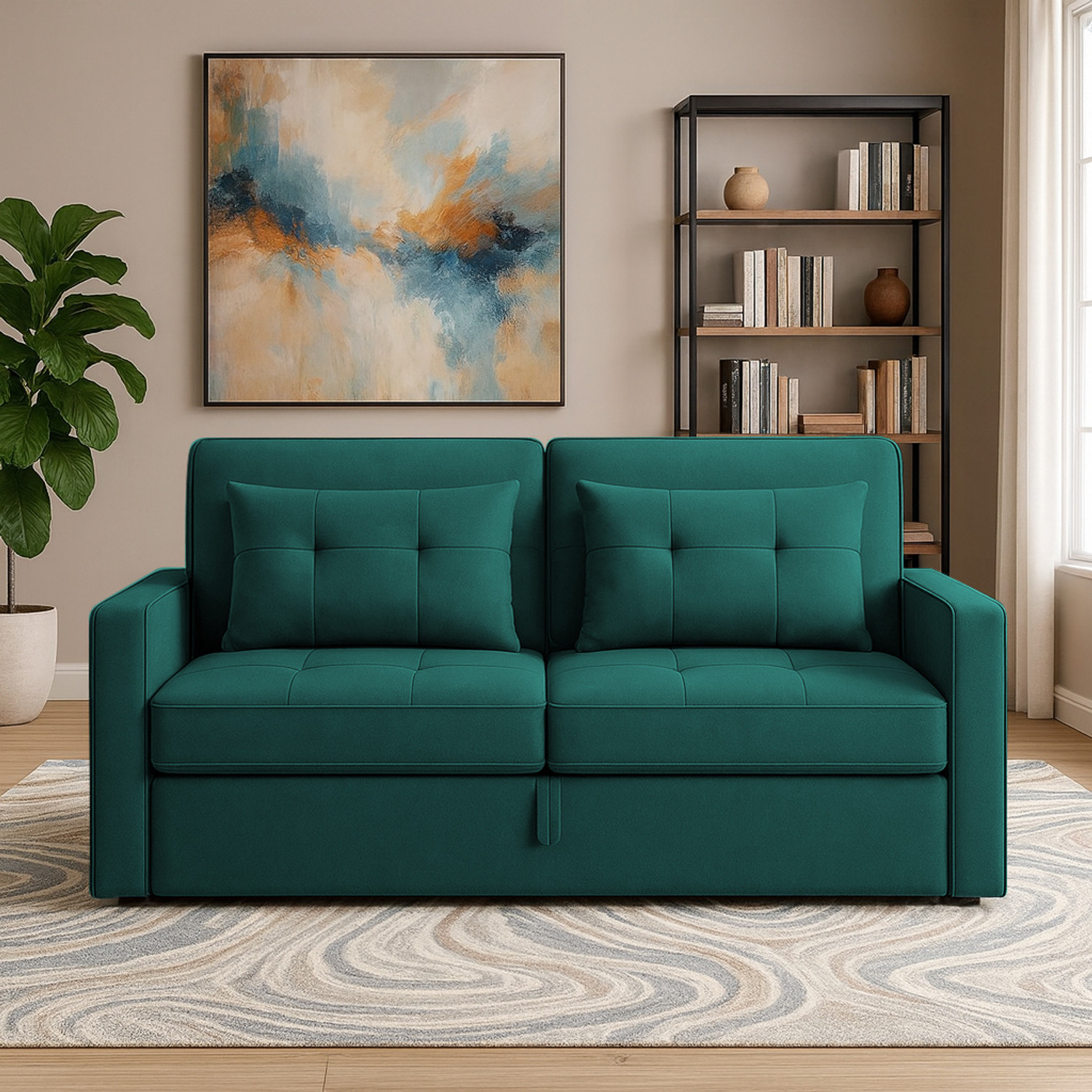 Image of MintCasa Treshta 2 2 Seater Double Solid Wood Pull Out Sofa Cum Bed (Finish Color - Pine Delivery Condition - Pre-assembled)