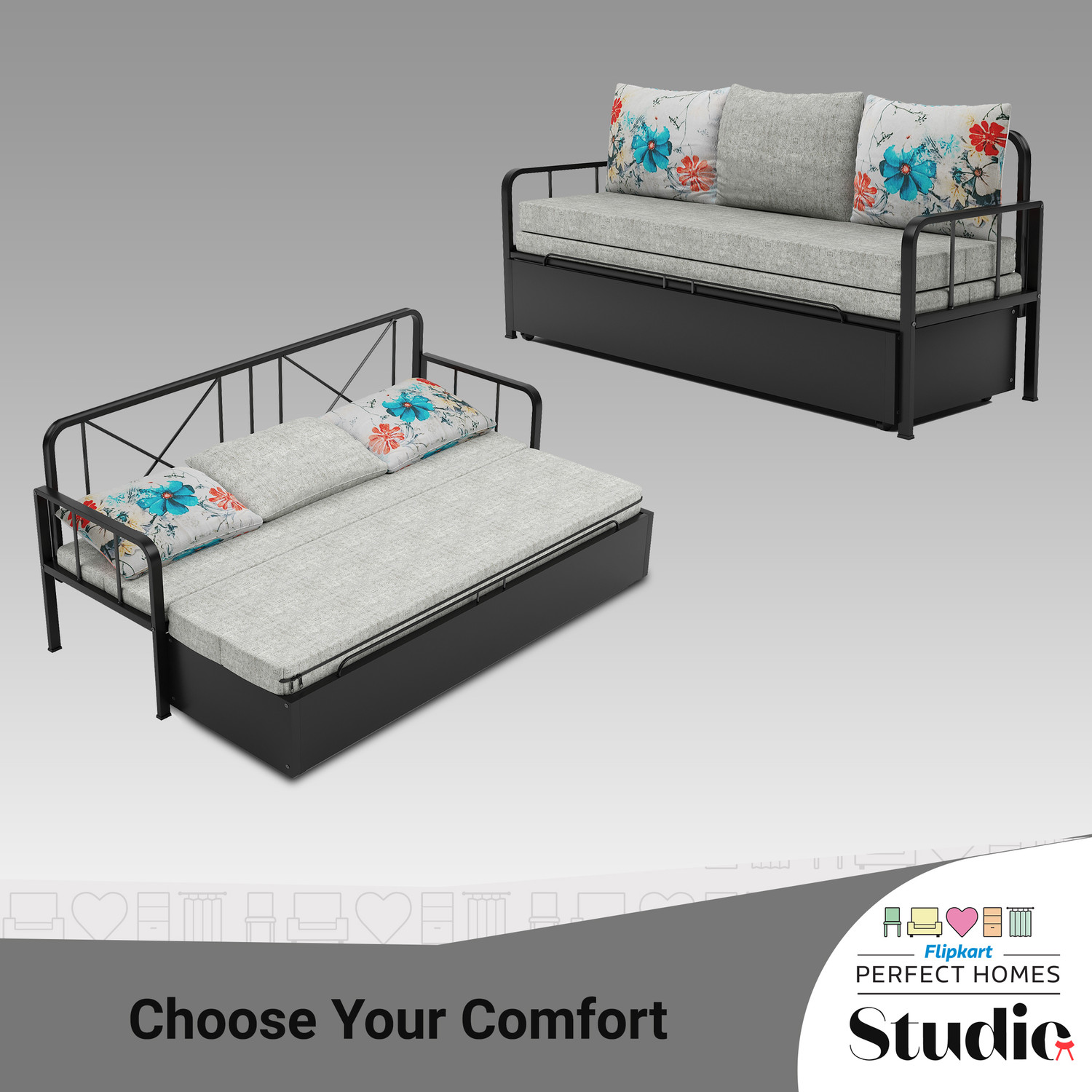 Image of Flipkart Perfect Homes Studio With Storage 3 Seater Double Metal Pull Out Sofa Cum Bed