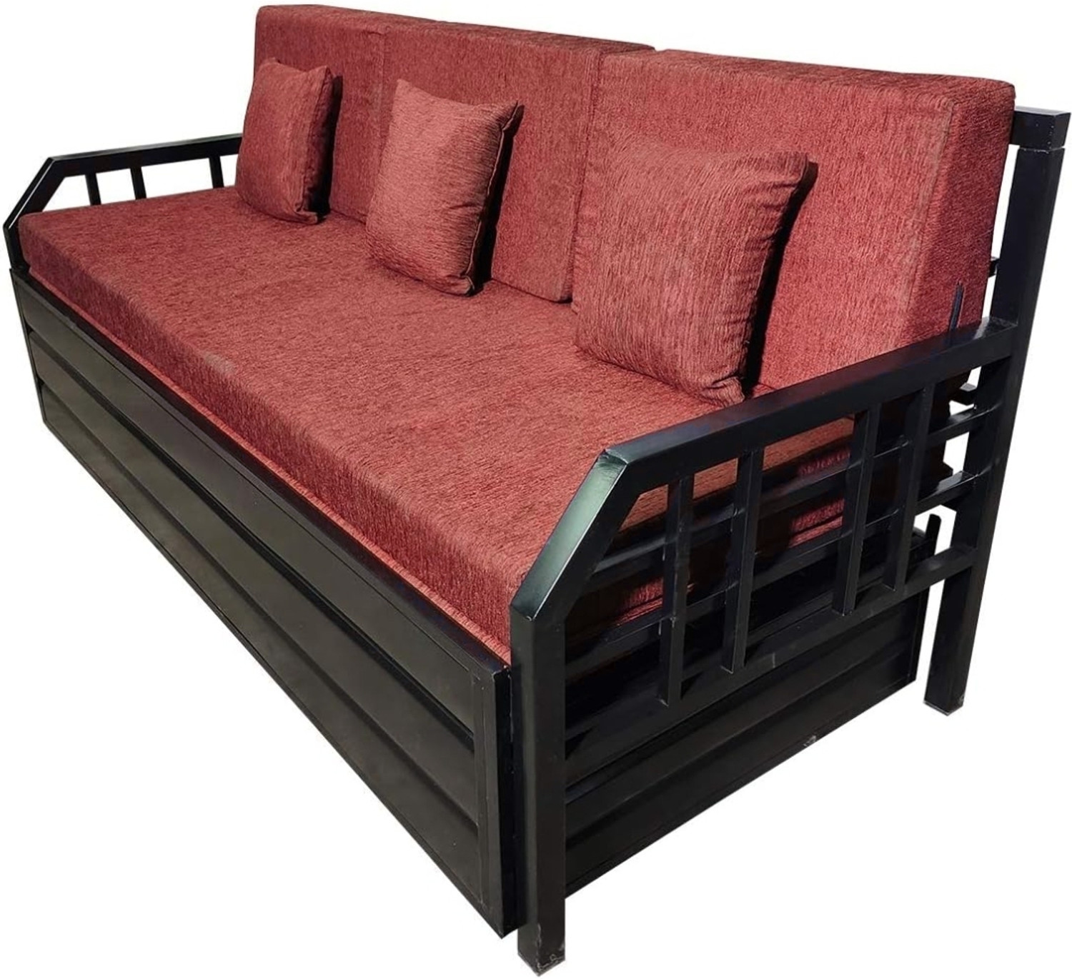 Image of The Amma Enterprises 6x6 Red Mattress 3 Seater Double Metal Pull Out Sofa Cum Bed