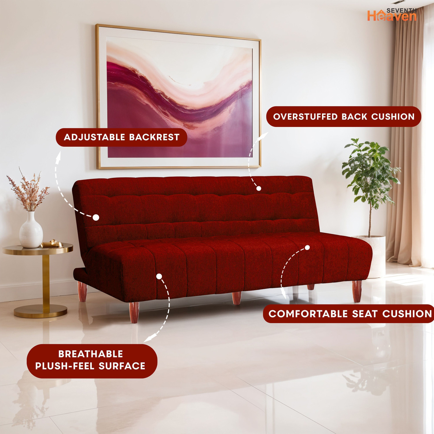 Image of Seventh Heaven Florida 4 Seater Wooden Sofa cum Bed, Chenille Molfino Fabric 78x44x16 4 Seater Single Solid Wood Pull Out Sofa Cum Bed