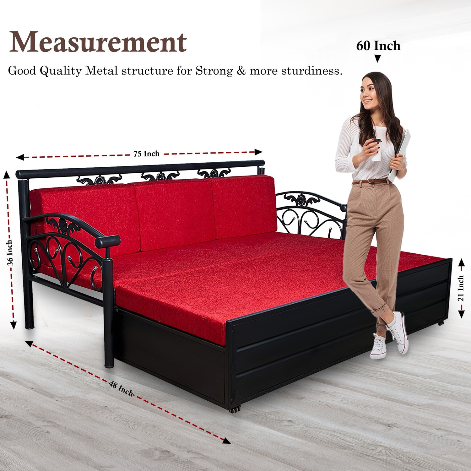 Image of Vibrant Interior Sofia Red (6x4) 3 Seater Single Metal Pull Out Sofa Sectional Bed