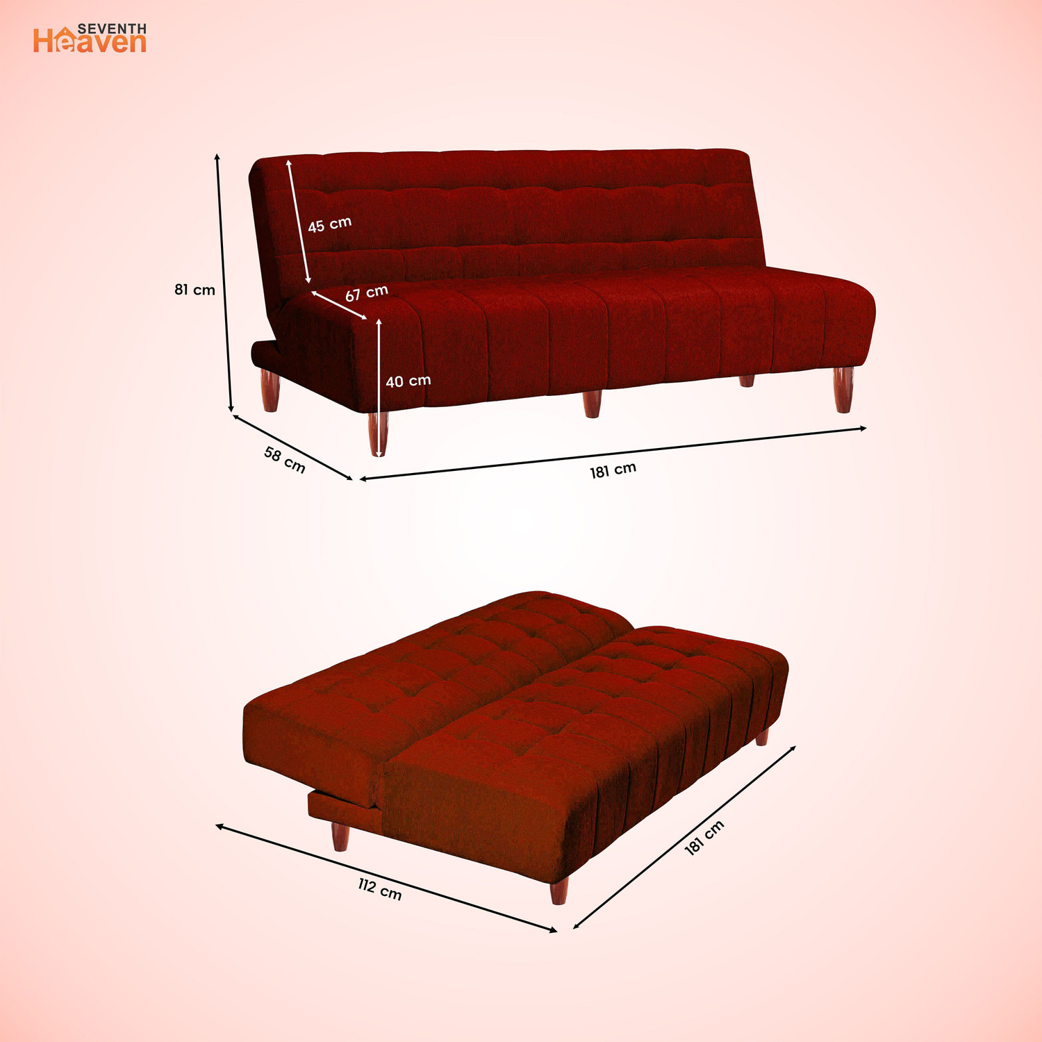 Image of Seventh Heaven Florida 3 Seater Sofa cum Bed, Chenille Molfino Fabric 72x44x16 3 Seater Double Solid Wood Pull Out Sofa Cum Bed
