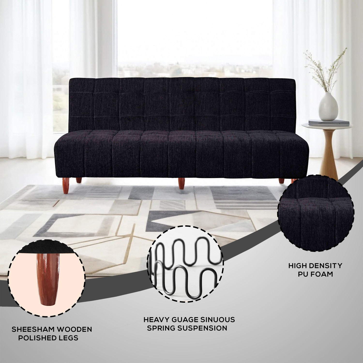 Image of Seventh Heaven Florida 4 Seater Wooden Sofa cum Bed, Chenille Molfino Fabric 78x44x16 4 Seater Single Solid Wood Pull Out Sofa Cum Bed