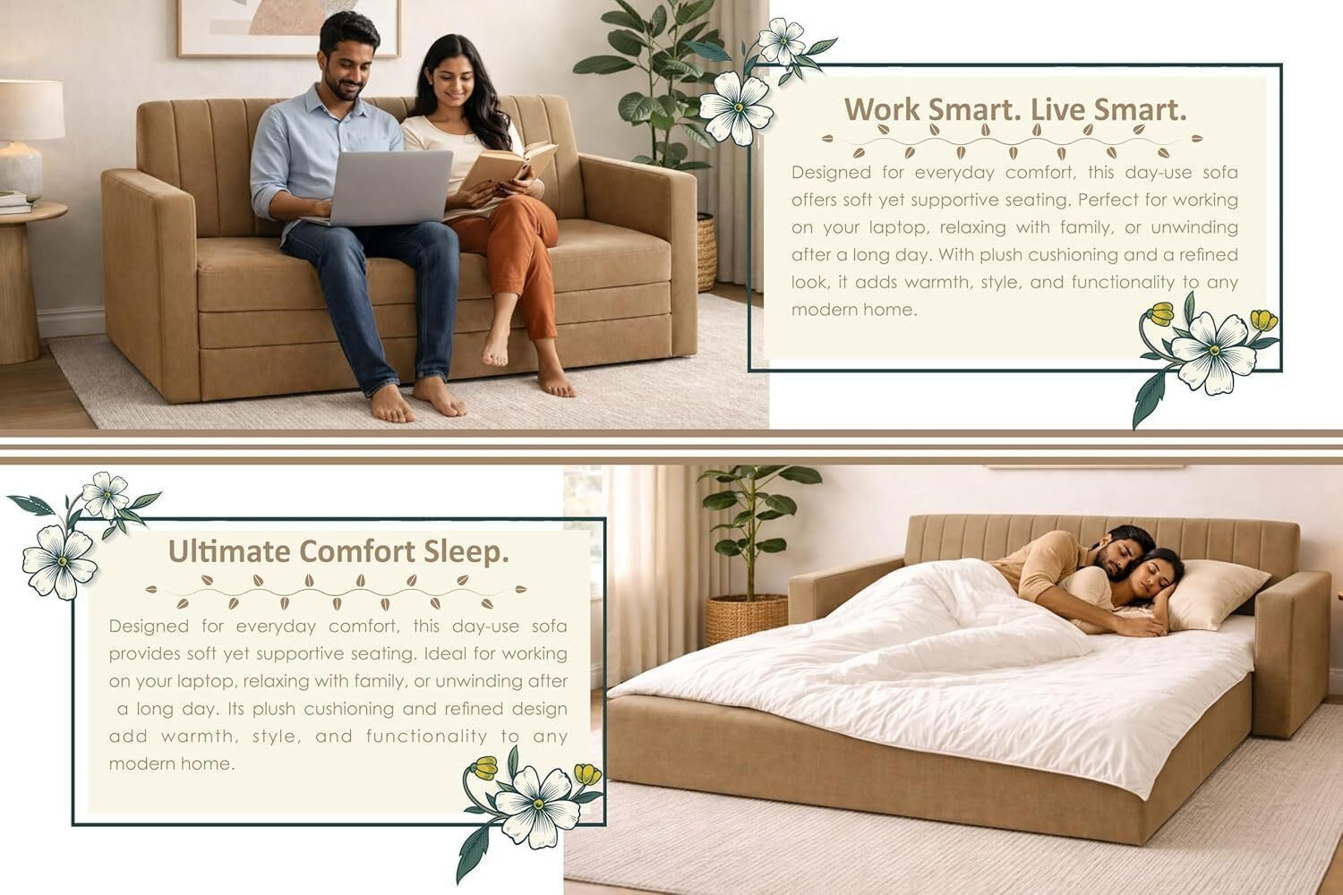 Image of Dr Smith Sofa Cum Bed with Armrest, Velvet Fabric Couch for Living Room 3 Seater Single Foam Fold Out Sofa Cum Bed