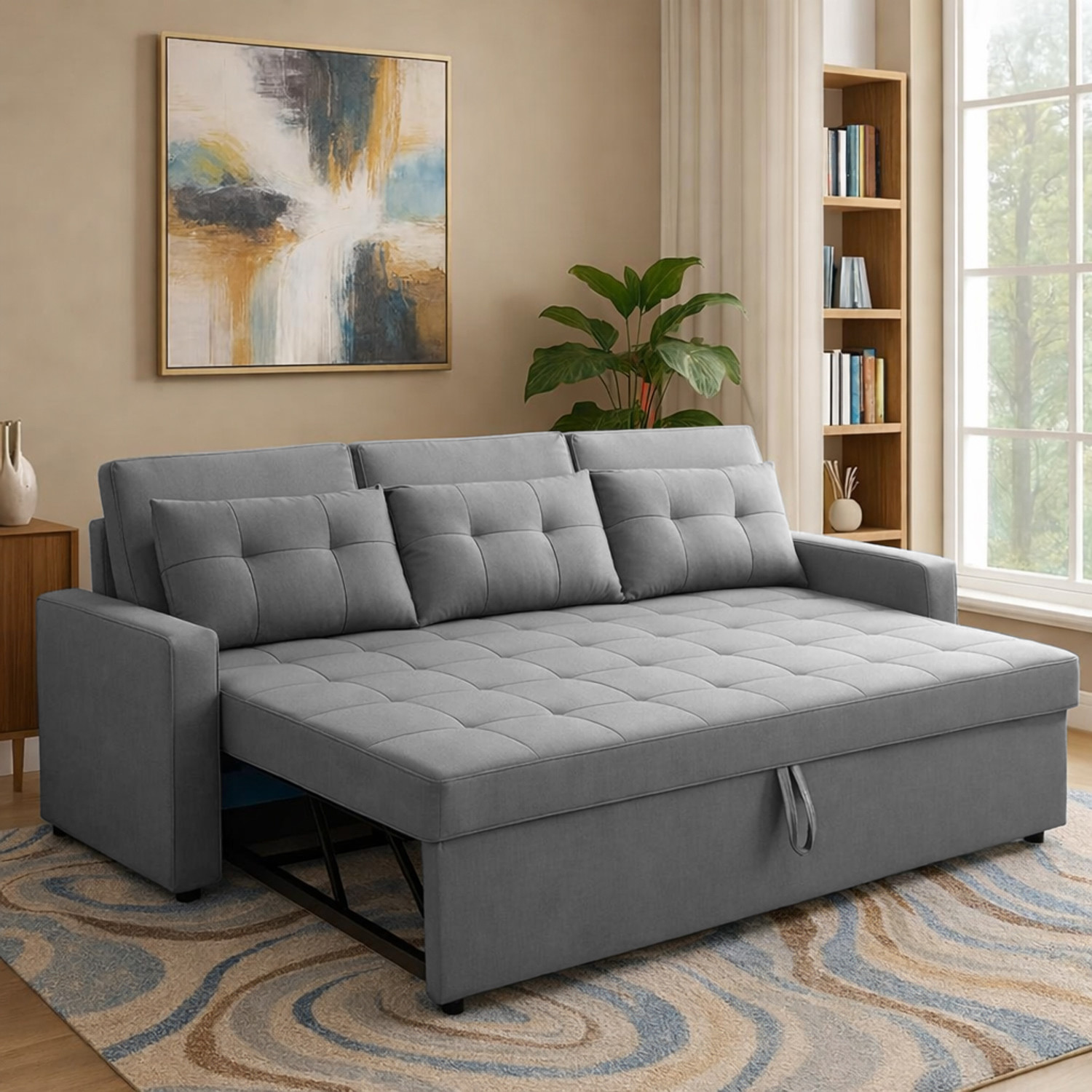 Image of Casaliving Treshta 3 3 Seater Single Solid Wood Pull Out Sofa Cum Bed