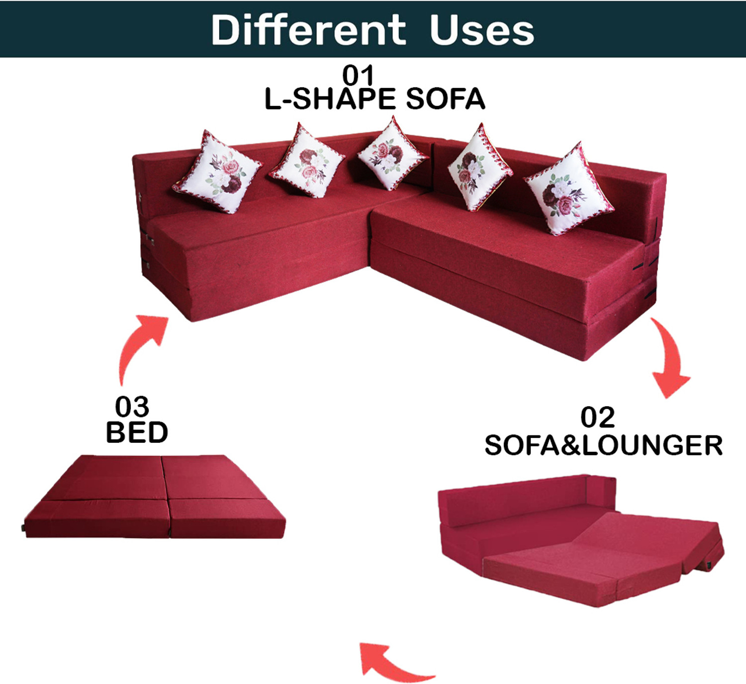 Image of Little Smile L-Shaped 78x60x16 inch- Jute Fabric 4 4 Seater Double Foam Fold Out Sofa Cum Bed