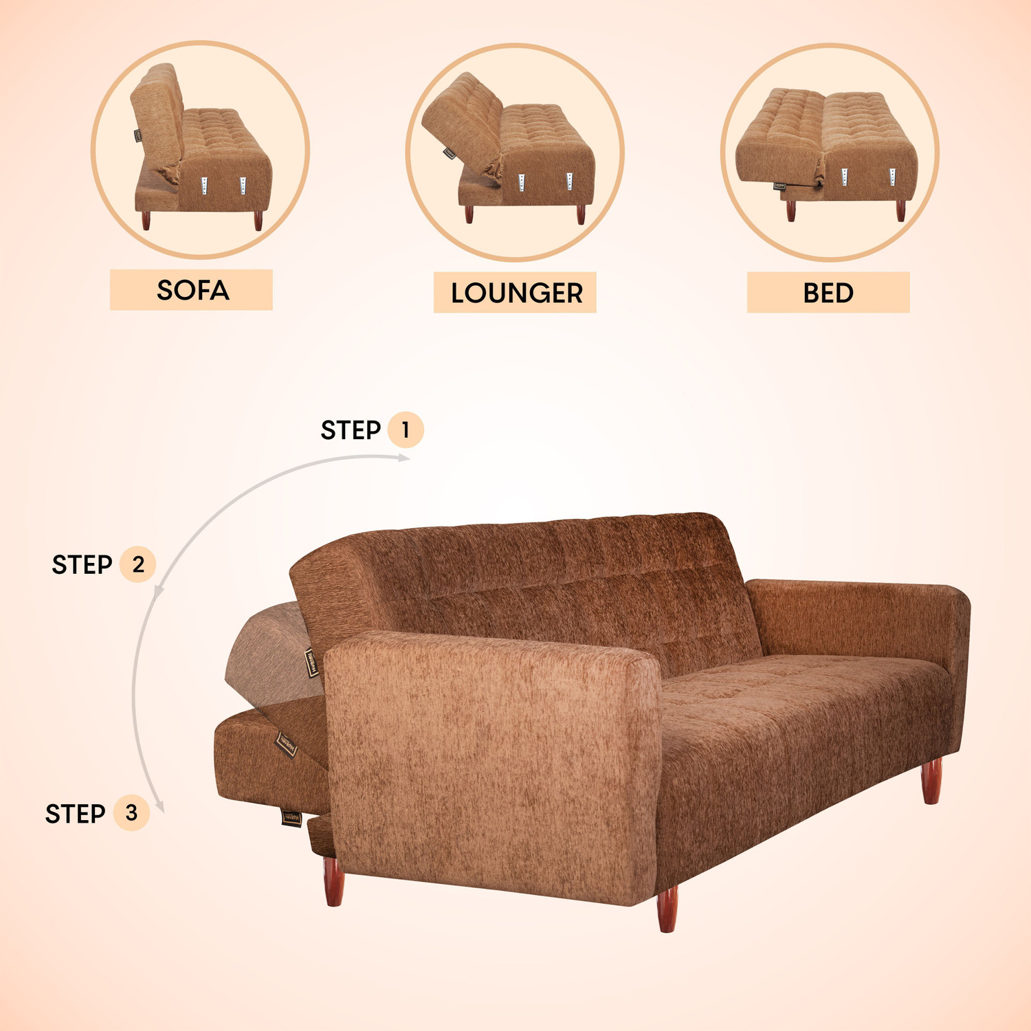 Image of Seventh Heaven Lisbon 4 Seater Wooden Sofa cum Bed, Chenille Molfino Fabric 78x44x16 4 Seater Single Solid Wood Pull Out Sofa Cum Bed