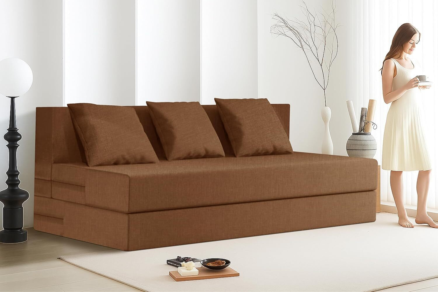 Image of WAKESURE GO Premium Quality Jute Fabric Lightweight Easy 3 Seater Double Foam Fold Out Sofa Cum Bed