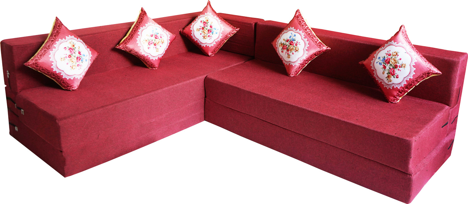 Image of Little Smile L-Shaped 78x60x16 inch- Jute Fabric 4 -Red 4 Seater Double Foam Fold Out Sofa Cum Bed