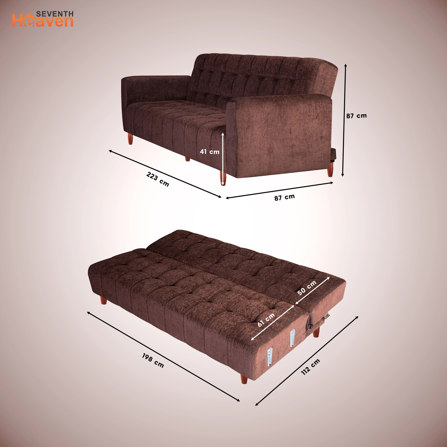 Image of Seventh Heaven Lisbon 4 Seater Wooden Sofa cum Bed, Chenille Molfino Fabric 78x44x16 4 Seater Single Solid Wood Pull Out Sofa Cum Bed