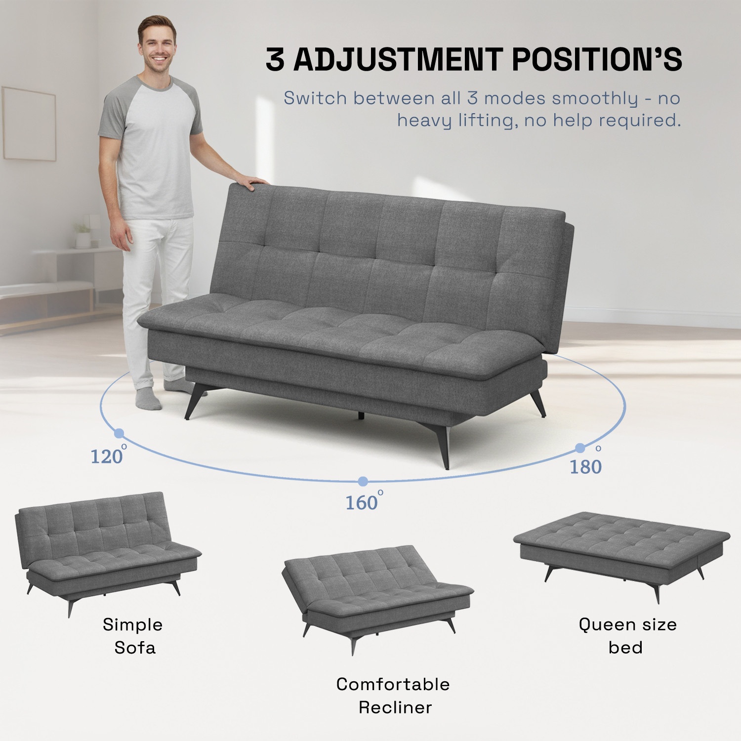 Image of Wakefit Flexia 3 Seater Double Solid Wood Fold Out Sofa Cum Bed