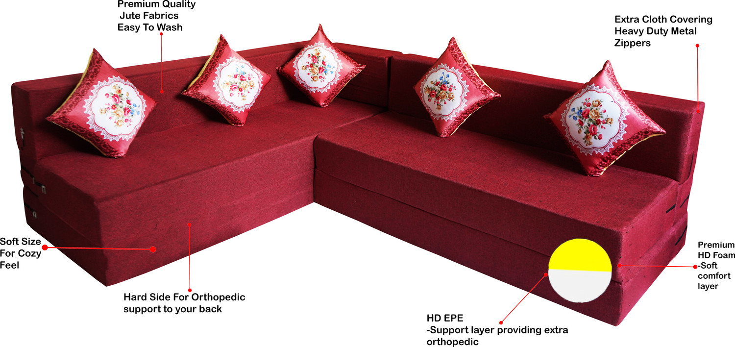 Image of Little Smile L-Shaped 78x60x16 inch- Jute Fabric 4 -Red 4 Seater Double Foam Fold Out Sofa Cum Bed