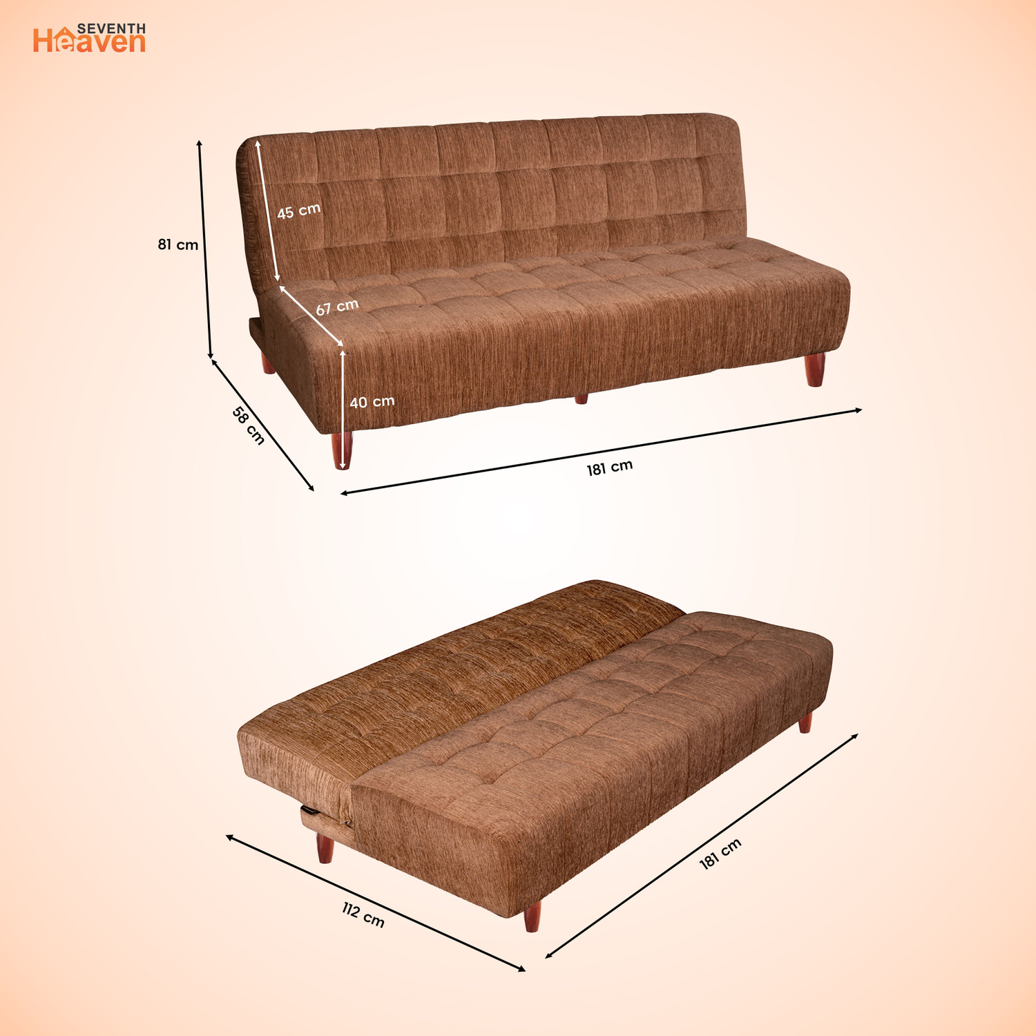 Image of Seventh Heaven Florida 3 Seater Sofa cum Bed, Chenille Molfino Fabric 72x44x16 3 Seater Double Solid Wood Pull Out Sofa Cum Bed