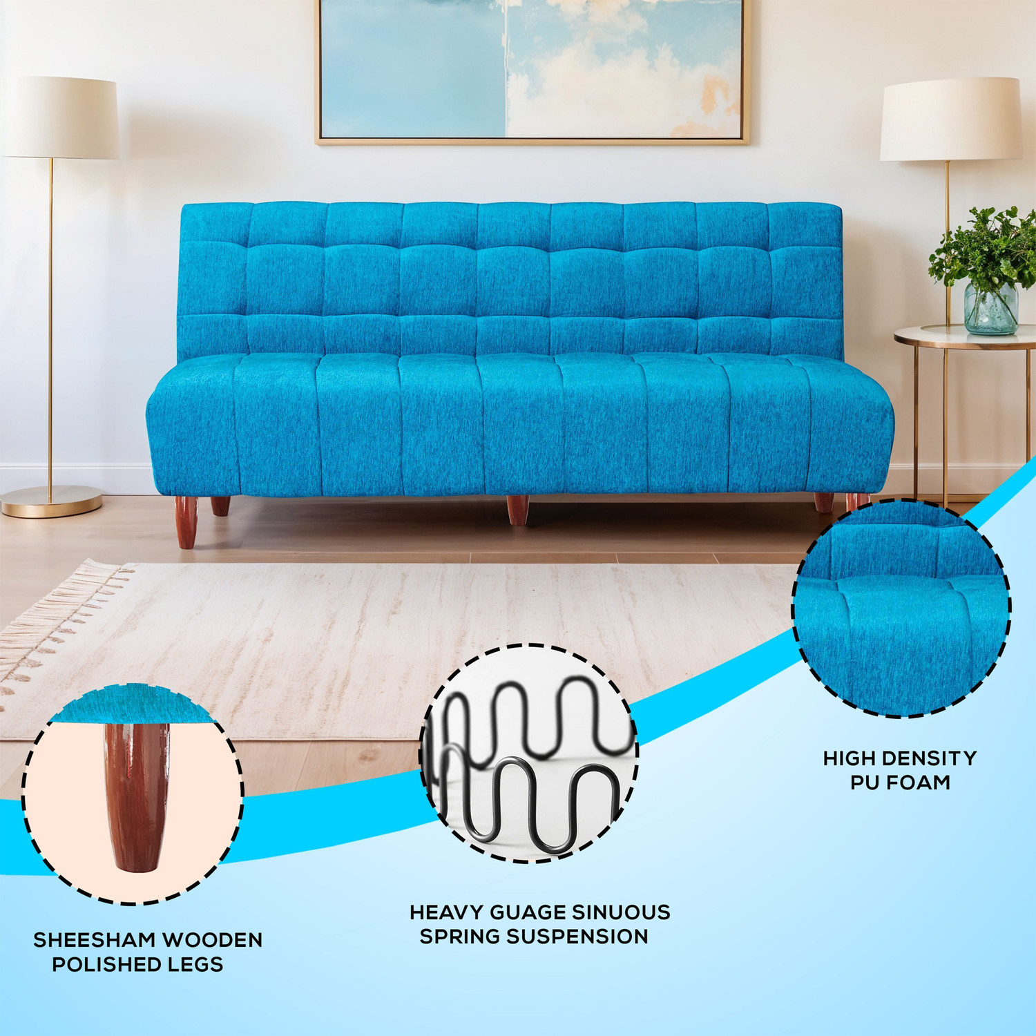Image of Seventh Heaven Florida 4 Seater Wooden Sofa cum Bed, Chenille Molfino Fabric 78x44x16 4 Seater Single Solid Wood Pull Out Sofa Cum Bed