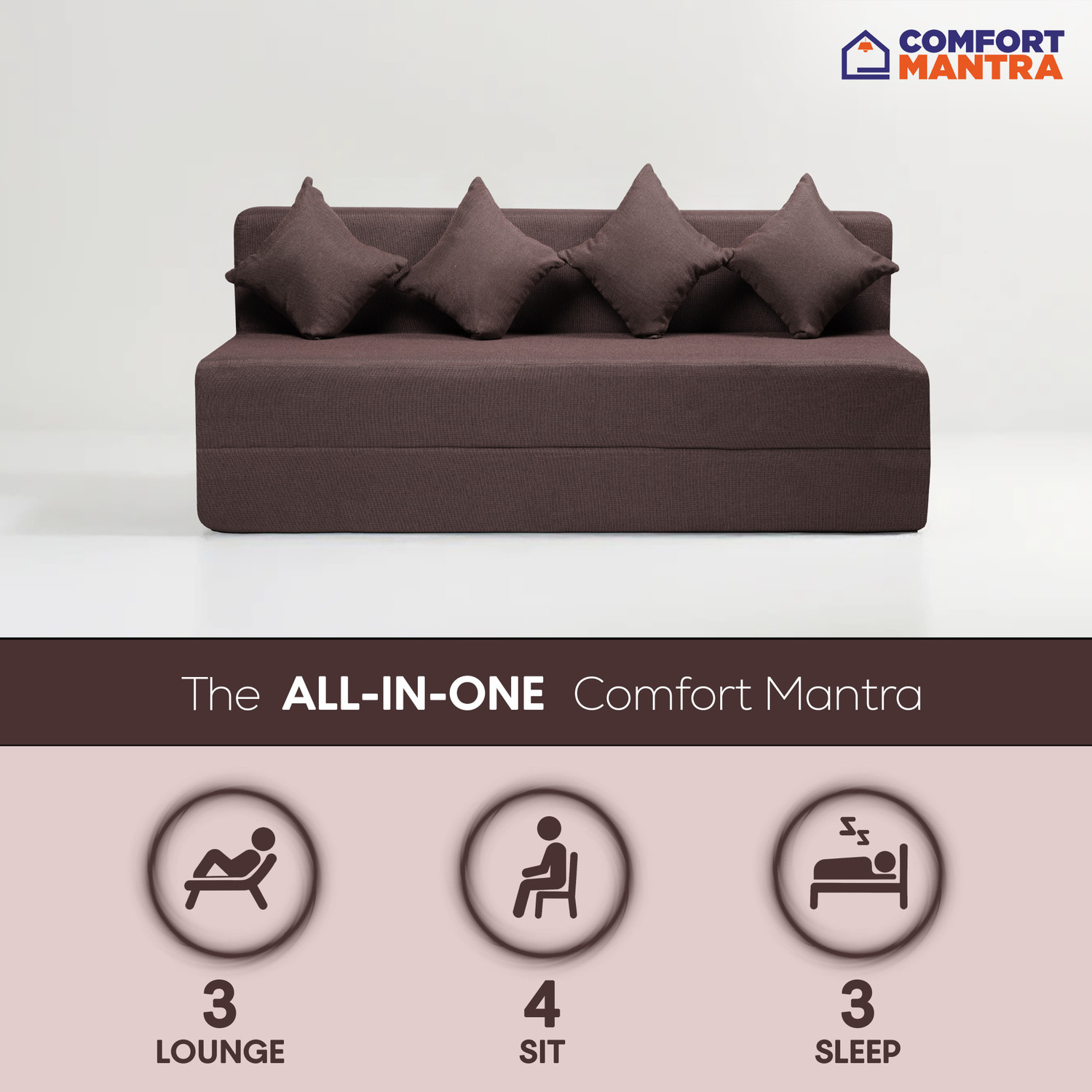 Image of Comfort Mantra 4 Seater 6*6 Jute Fabric Washable Cover Sofa cum Bed with 4 Cushions 4 Seater Double Foam Fold Out Sofa Cum Bed