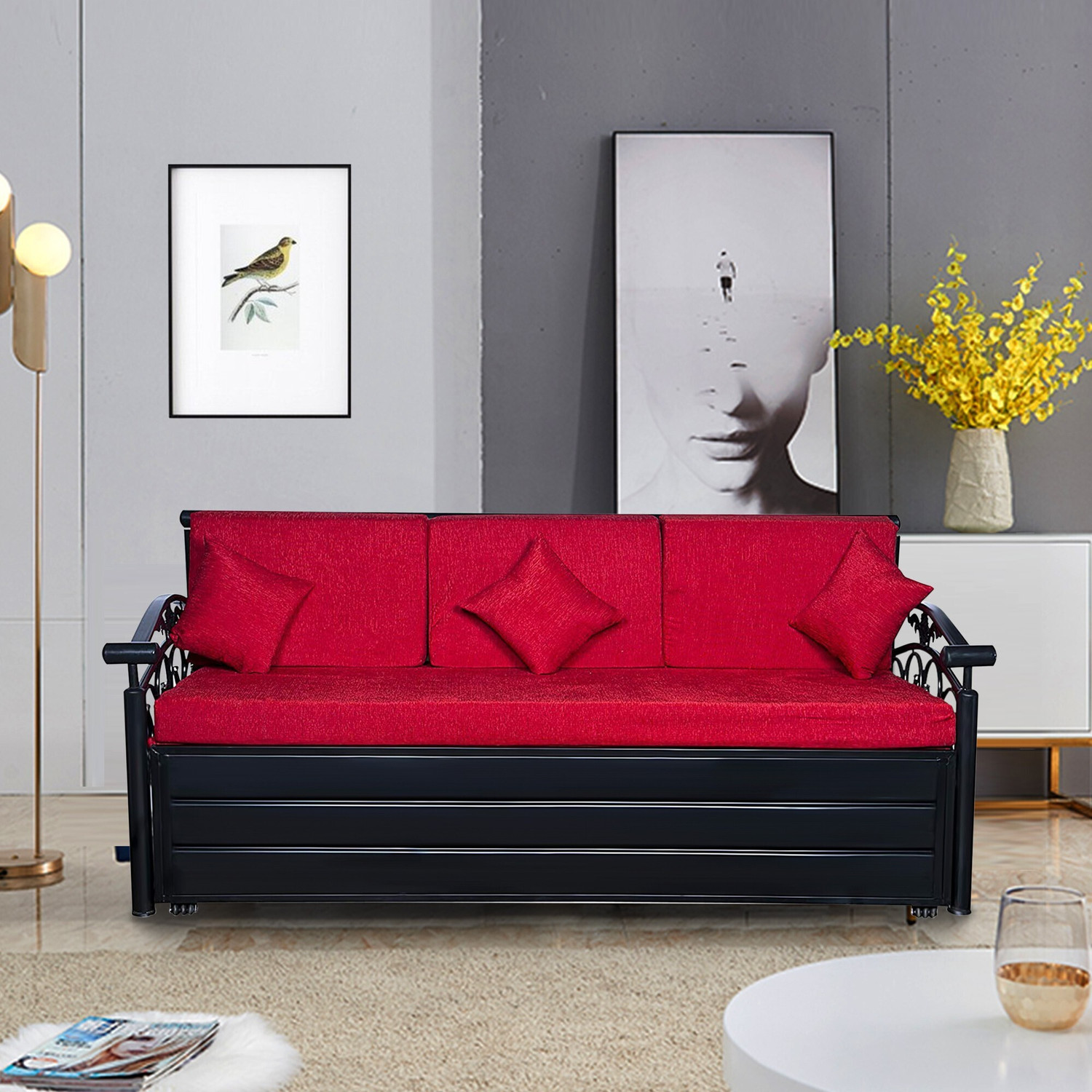 Image of Vibrant Interior Sofia Red (6x4) 3 Seater Single Metal Pull Out Sofa Sectional Bed