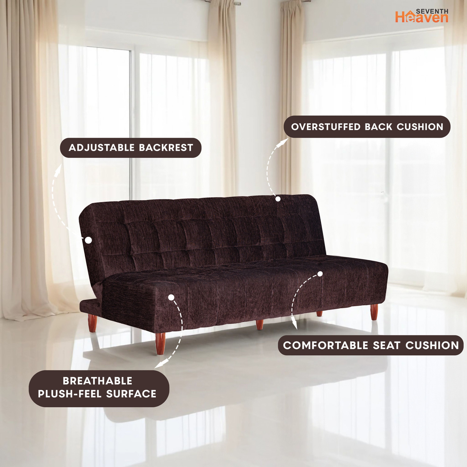 Image of Seventh Heaven Florida 4 Seater Wooden Sofa cum Bed, Chenille Molfino Fabric 78x44x16 4 Seater Single Solid Wood Pull Out Sofa Cum Bed