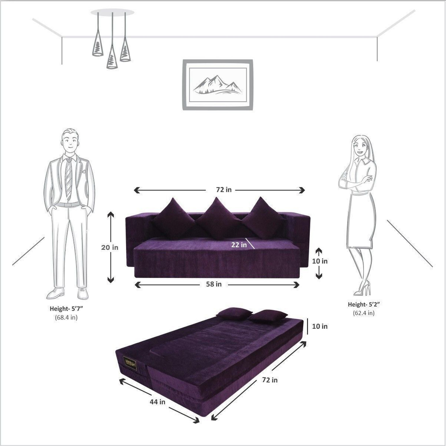 Image of Seventh Heaven 3 Seater 72x44x10 Low Floor, Chenille Molfino Fabric 3 Cushions 3 Seater Double Foam Fold Out Sofa Cum Bed