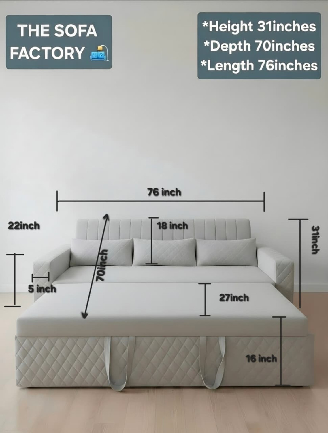Image of The Sofa Factory 3 Seater Double Solid Wood Pull Out Sofa Cum Bed