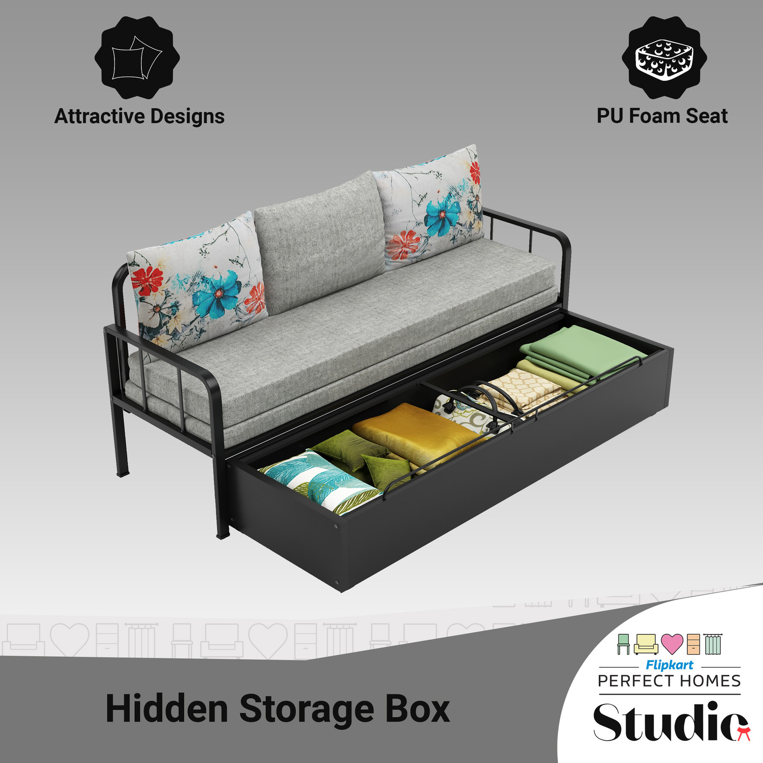 Image of Flipkart Perfect Homes Studio With Storage 3 Seater Double Metal Pull Out Sofa Cum Bed