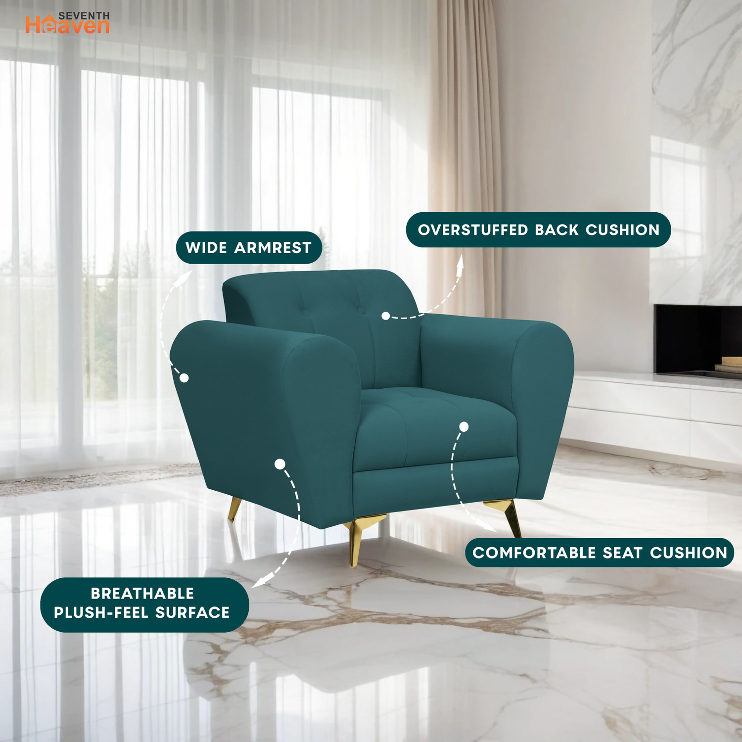 Image of Seventh Heaven Milan Icon 1 Seater Sofa, Extra Spacious, Plush Suede Fabric 1 Seater Sofa