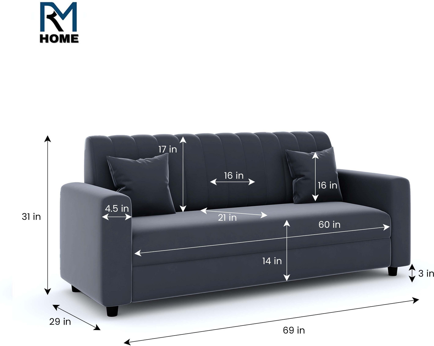 Image of RM HOME Luna Fabric 3 Seater Sofa
