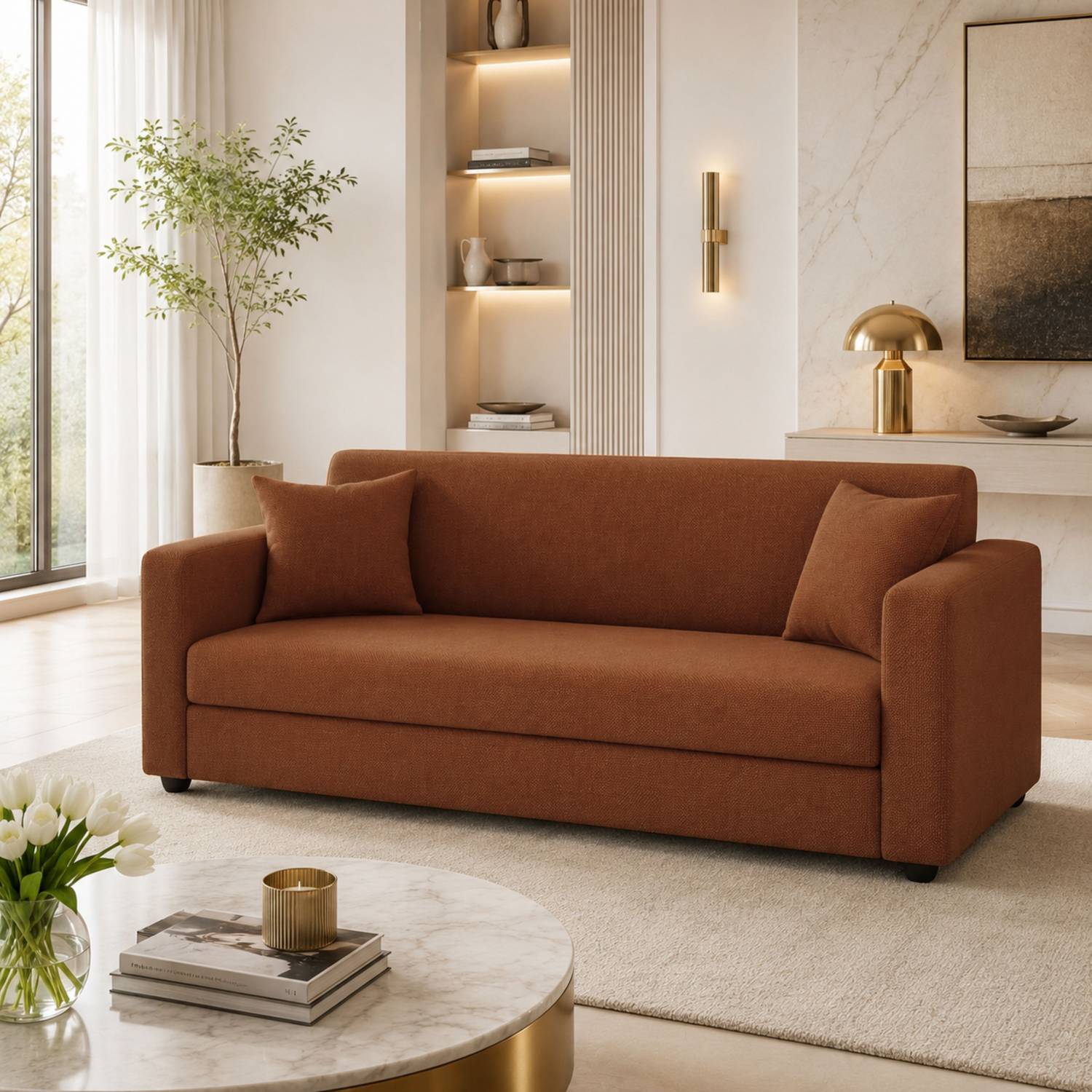 WAKESURE Premium Quality Jute Fabric 3 Seater Sofa