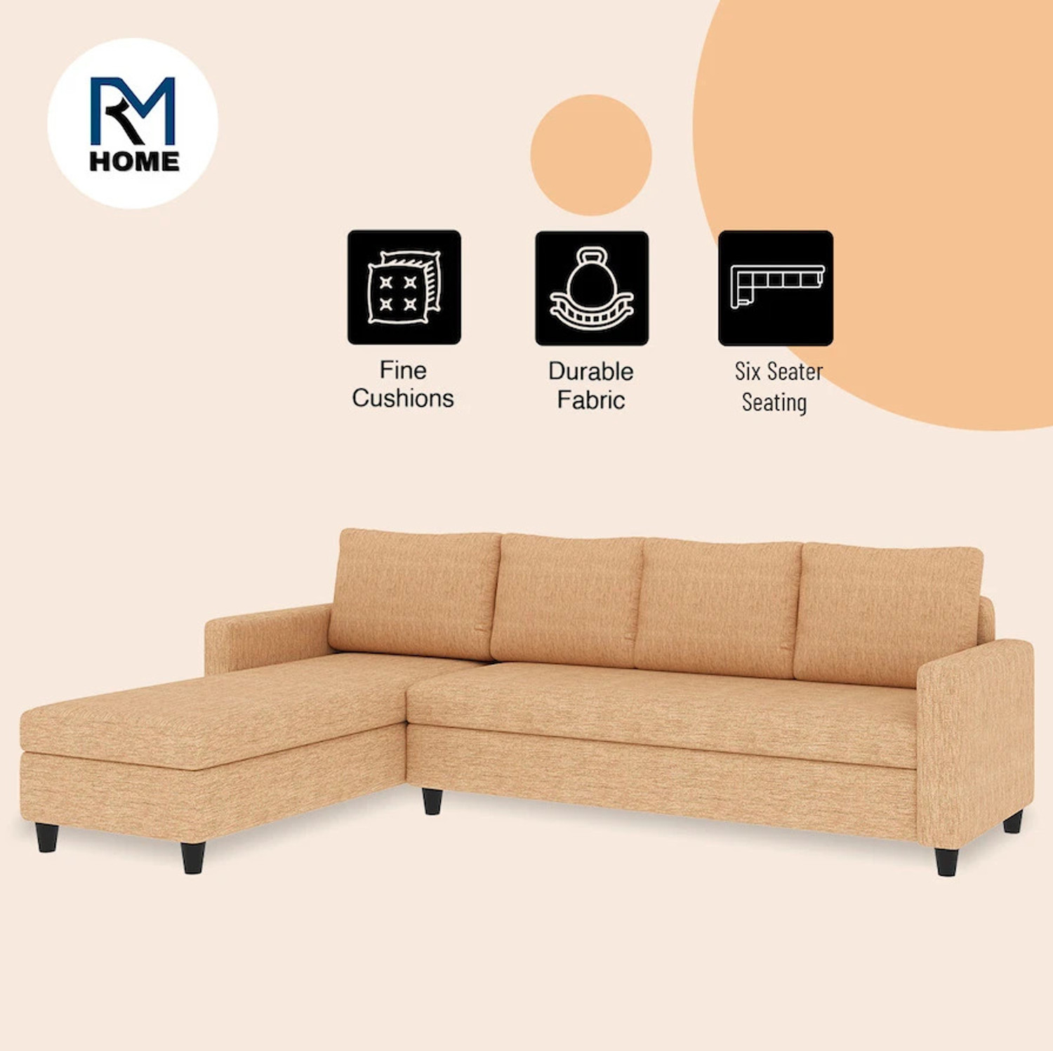 Image of RM HOME Megun RHS Molfino Seat & Pillow washable Fabric 6 Seater Sofa