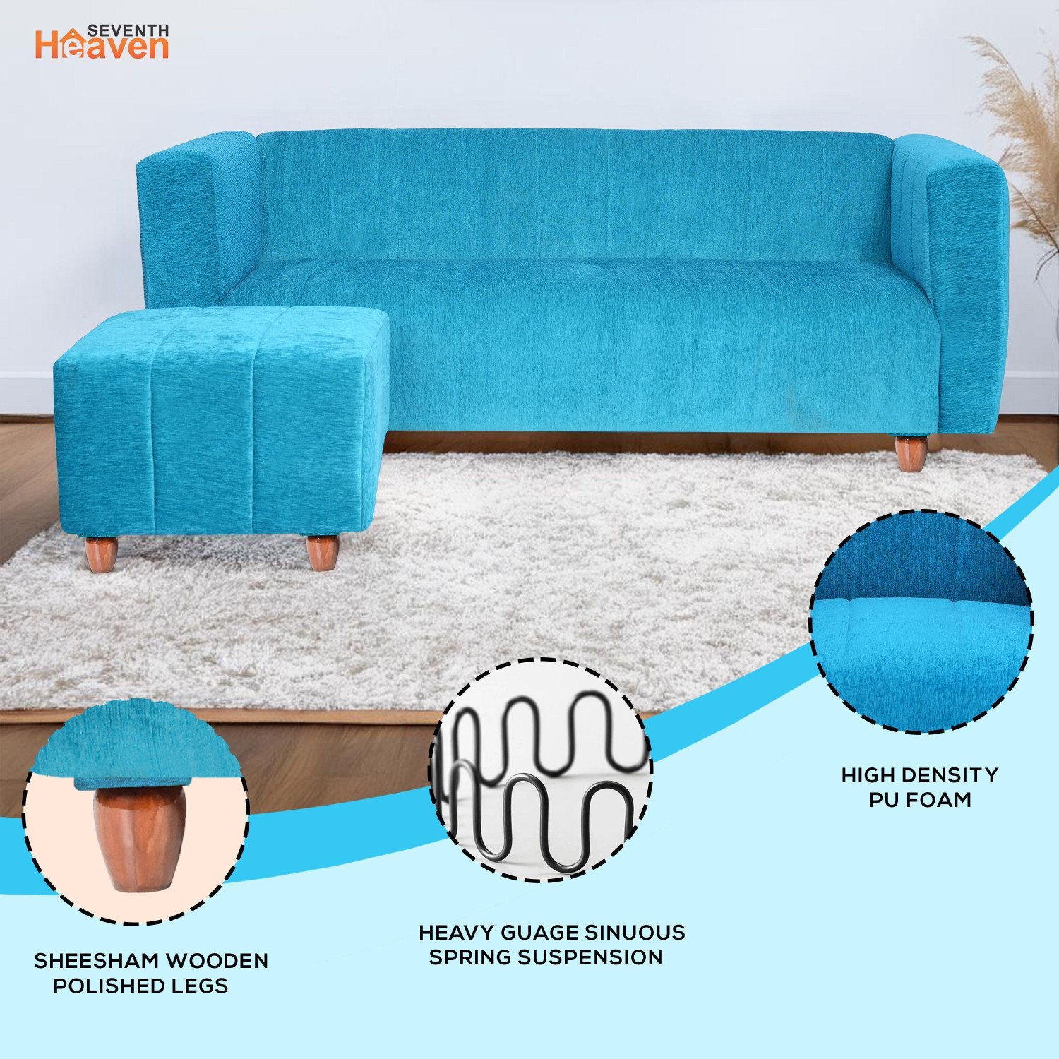 Image of Seventh Heaven Tokyo 4 Seater Sofa with 1 Ottoman, Chenille Molfino Fabric: 1 year Warranty Fabric 4 Seater Sofa