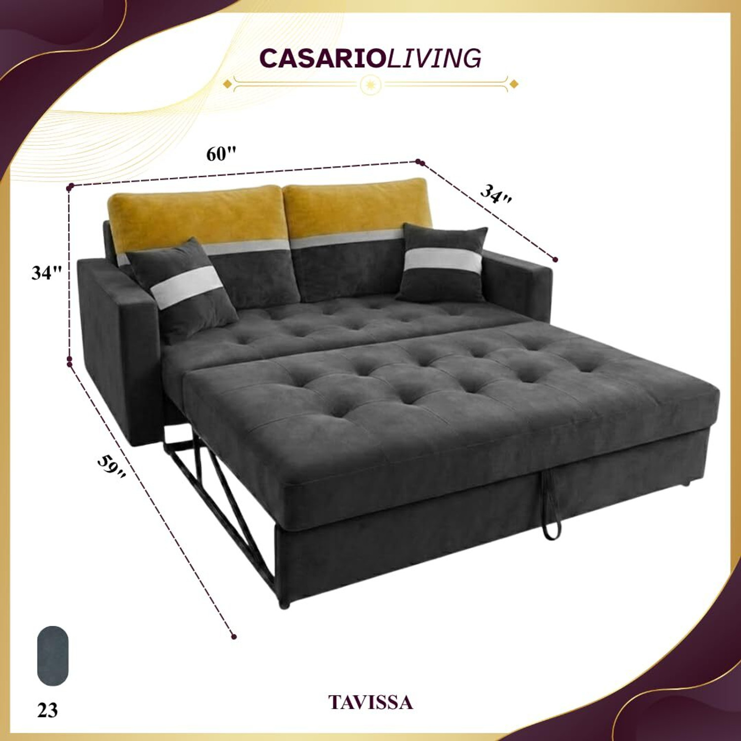Image of FURNY Tavissa 2 Seater Fabric Pull-Out Sofa Cum Bed Function | Luxury Velvet Dark Grey Fabric 2 Seater Sofa